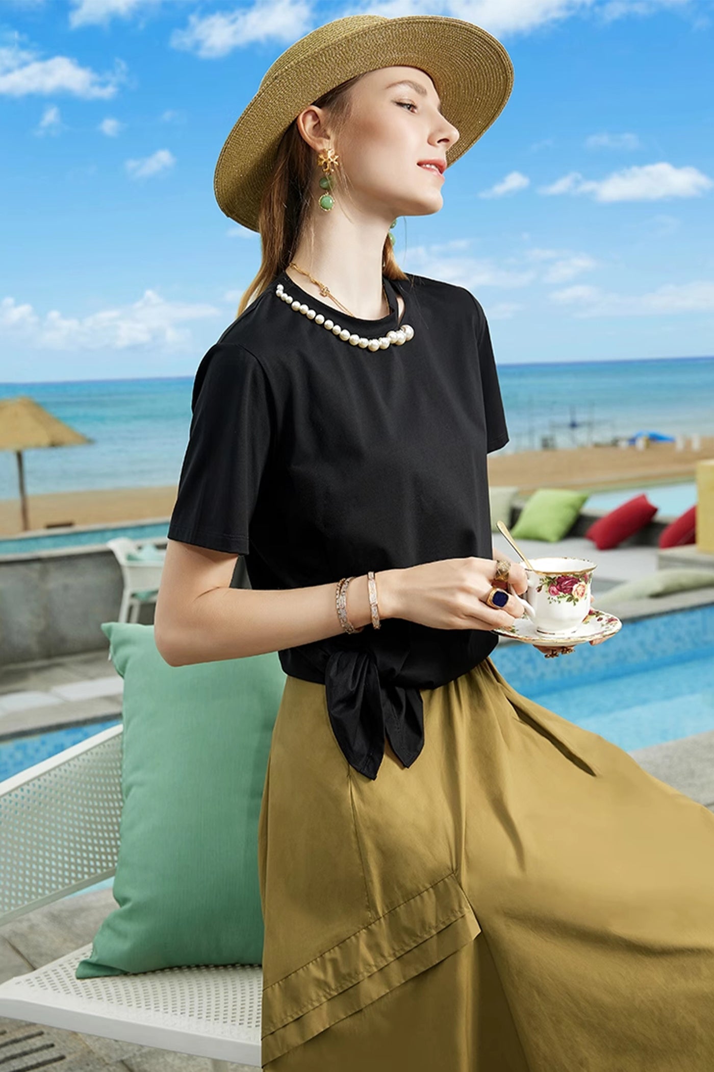 KAMILAN European & American Style Pearl-Embellished T-Shirt