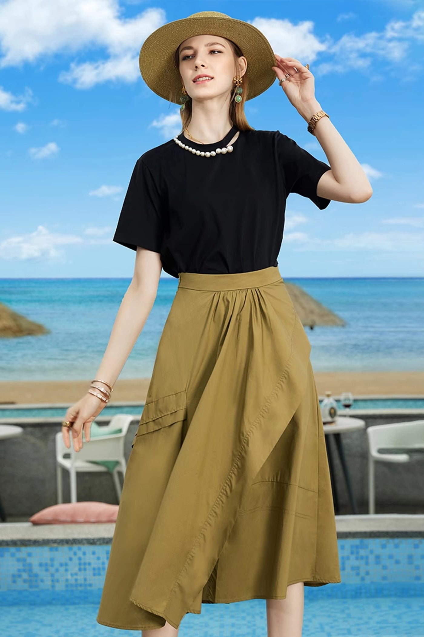 KAMILAN European & American Style Pearl-Embellished T-Shirt