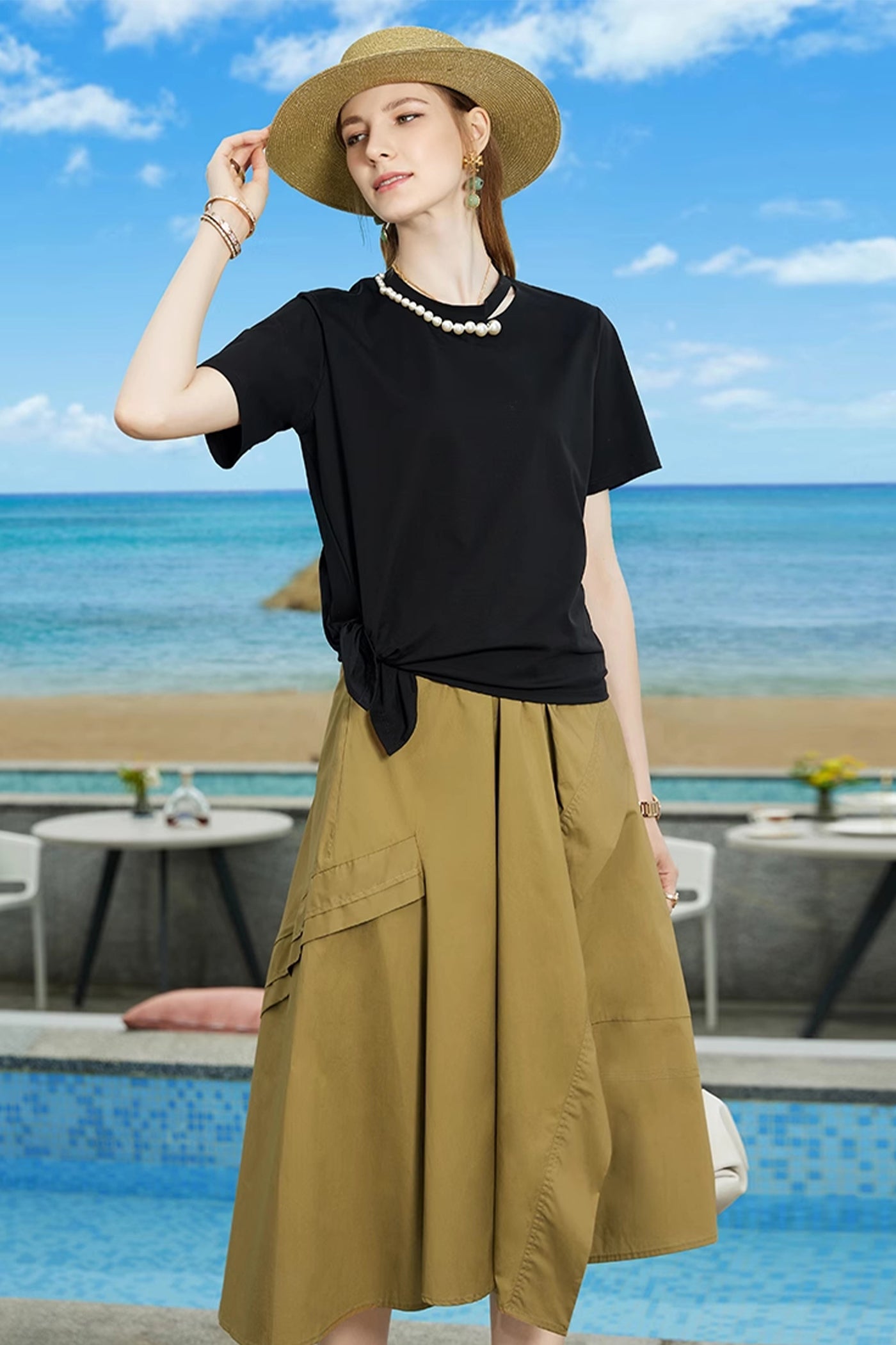 KAMILAN European & American Style Pearl-Embellished T-Shirt