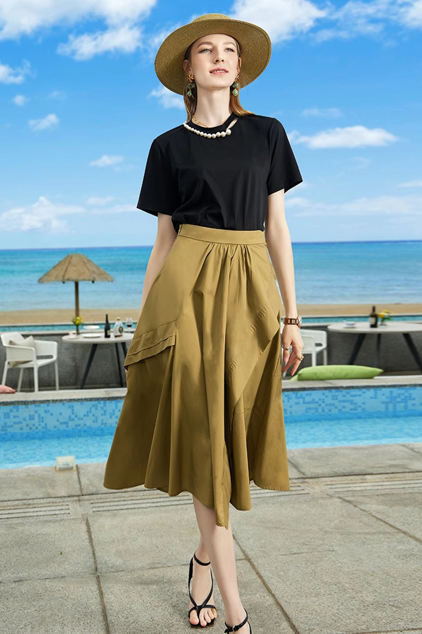 KAMILAN European & American Style Pearl-Embellished T-Shirt