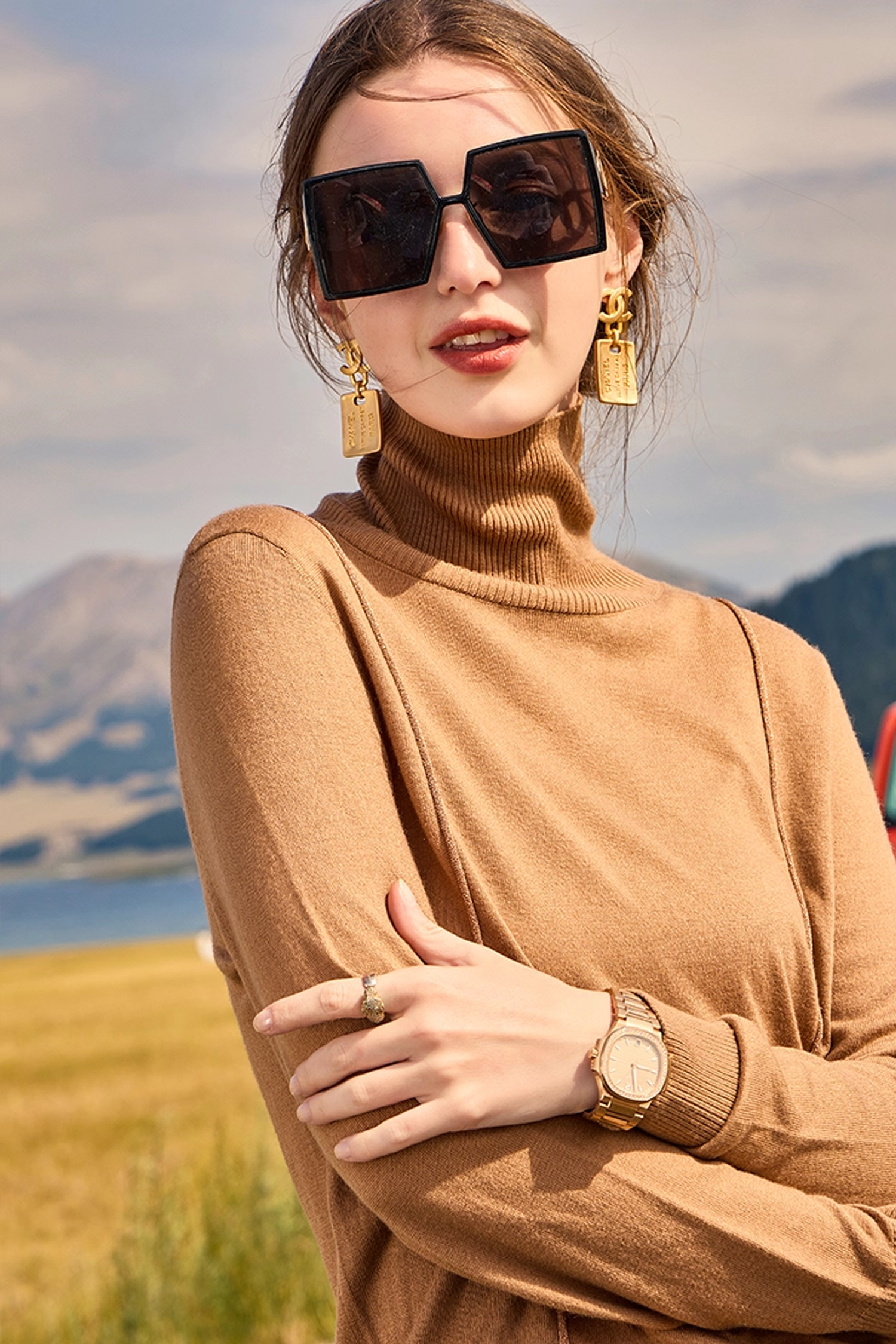 KAMILAN Short-sleeved high-neck sweater top for women in 2025 autumn-winter collection. Knitted top with long sleeves as a base layer.