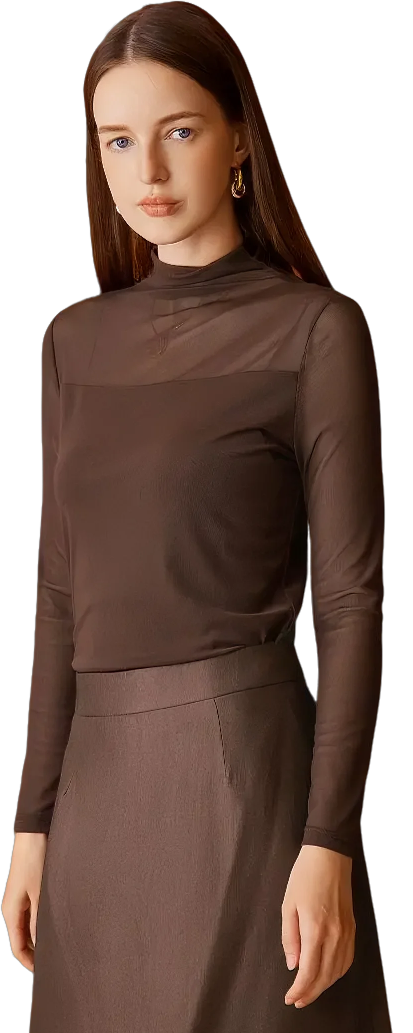 KAMILAN Shenxun Long-sleeved T-shirt with Collar for Women, 2025 Autumn New Style, Fashionable Mesh Underwear Design Top