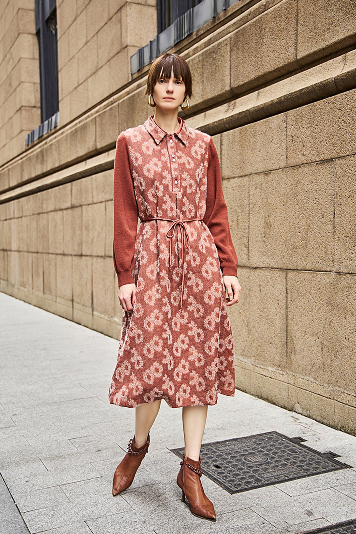 KAMILAN Women's Wool Knit Shirt Dress – 2025 Autumn/Winter New Unique Chic Belted Midi Dress