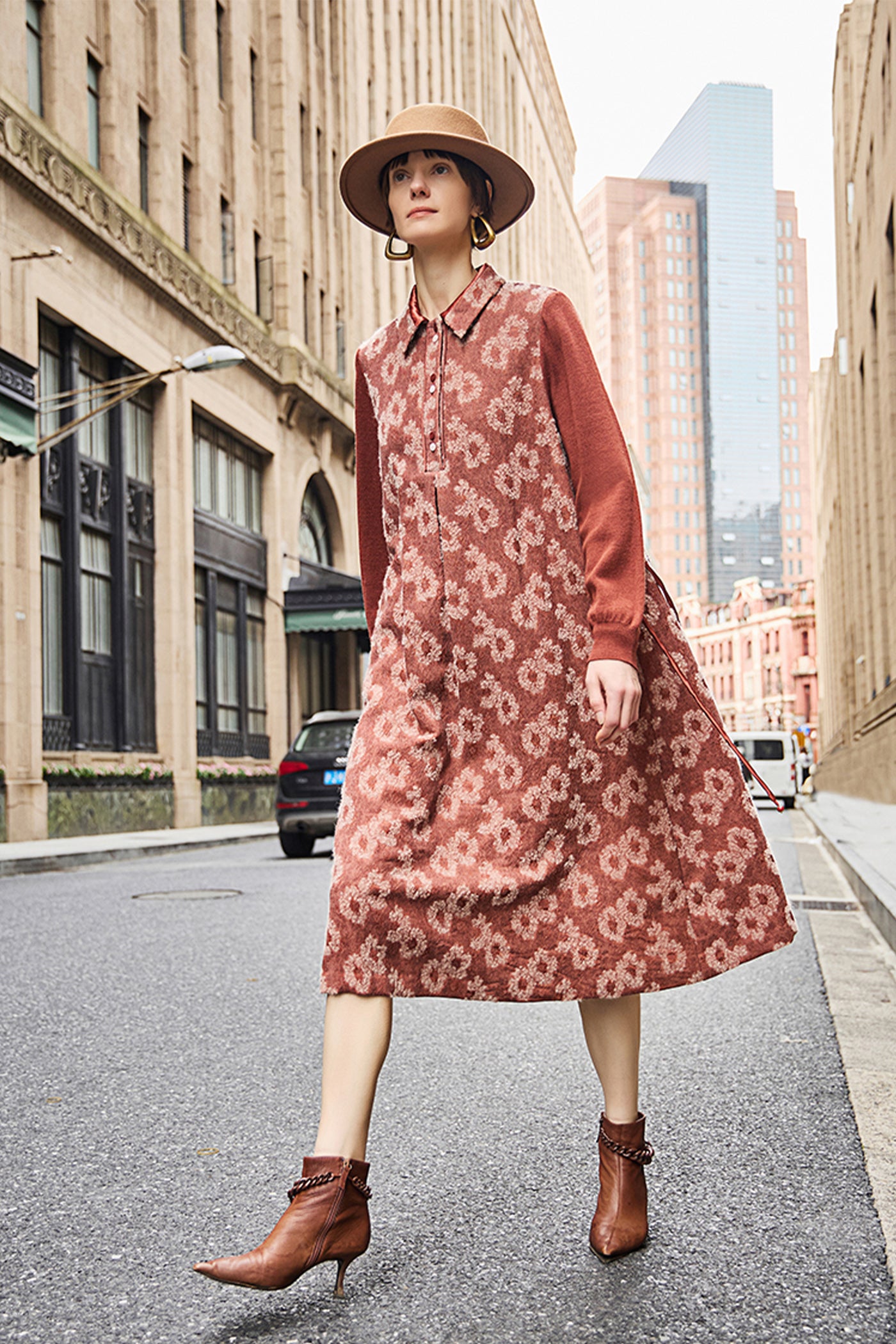 KAMILAN Women's Wool Knit Shirt Dress – 2025 Autumn/Winter New Unique Chic Belted Midi Dress