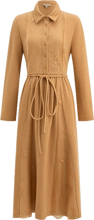 KAMILAN Women's Wool Midi Dress – 2025 Autumn New Waist-Cinched Patchwork A-Line Dress
