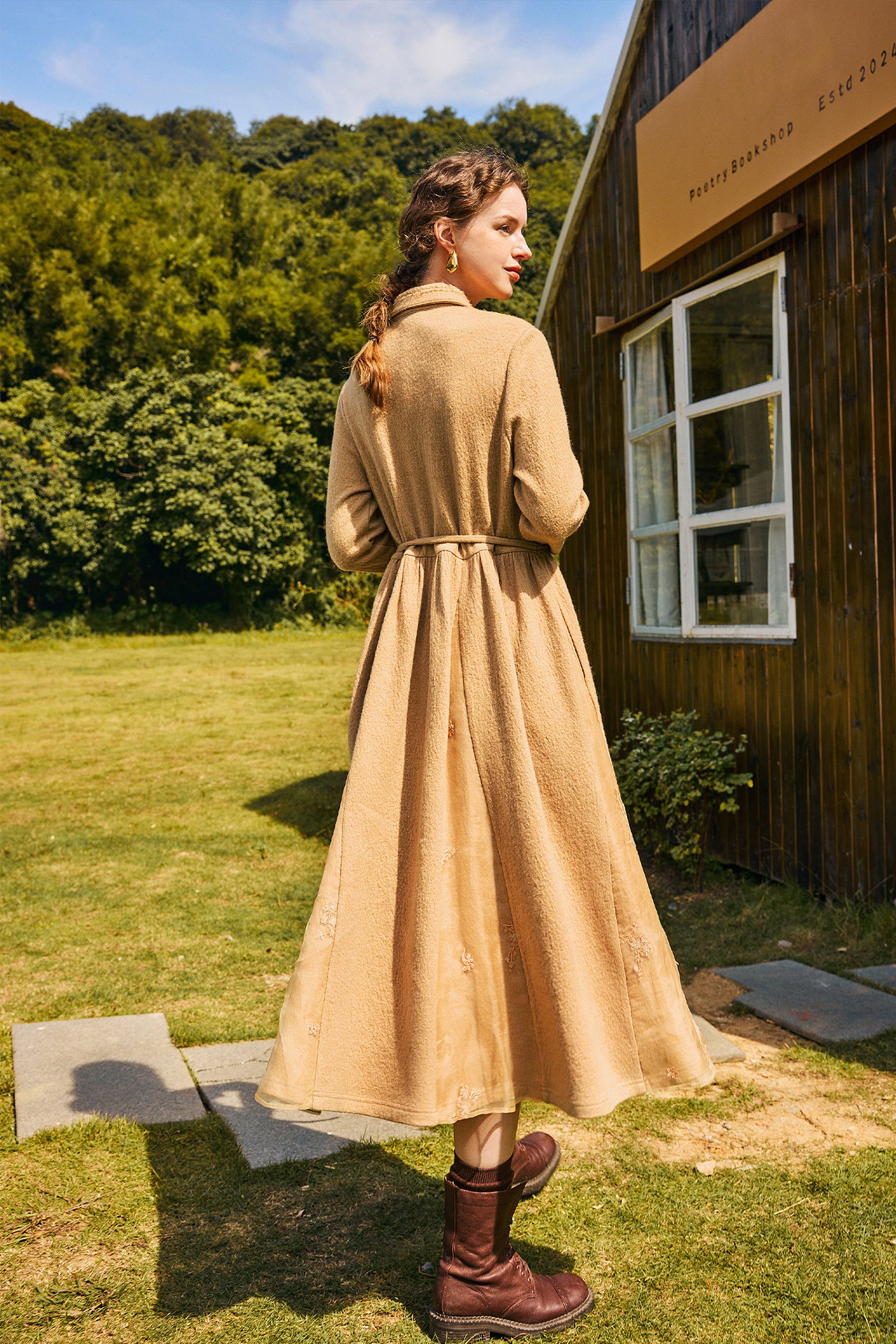KAMILAN Women's Wool Midi Dress – 2025 Autumn New Waist-Cinched Patchwork A-Line Dress
