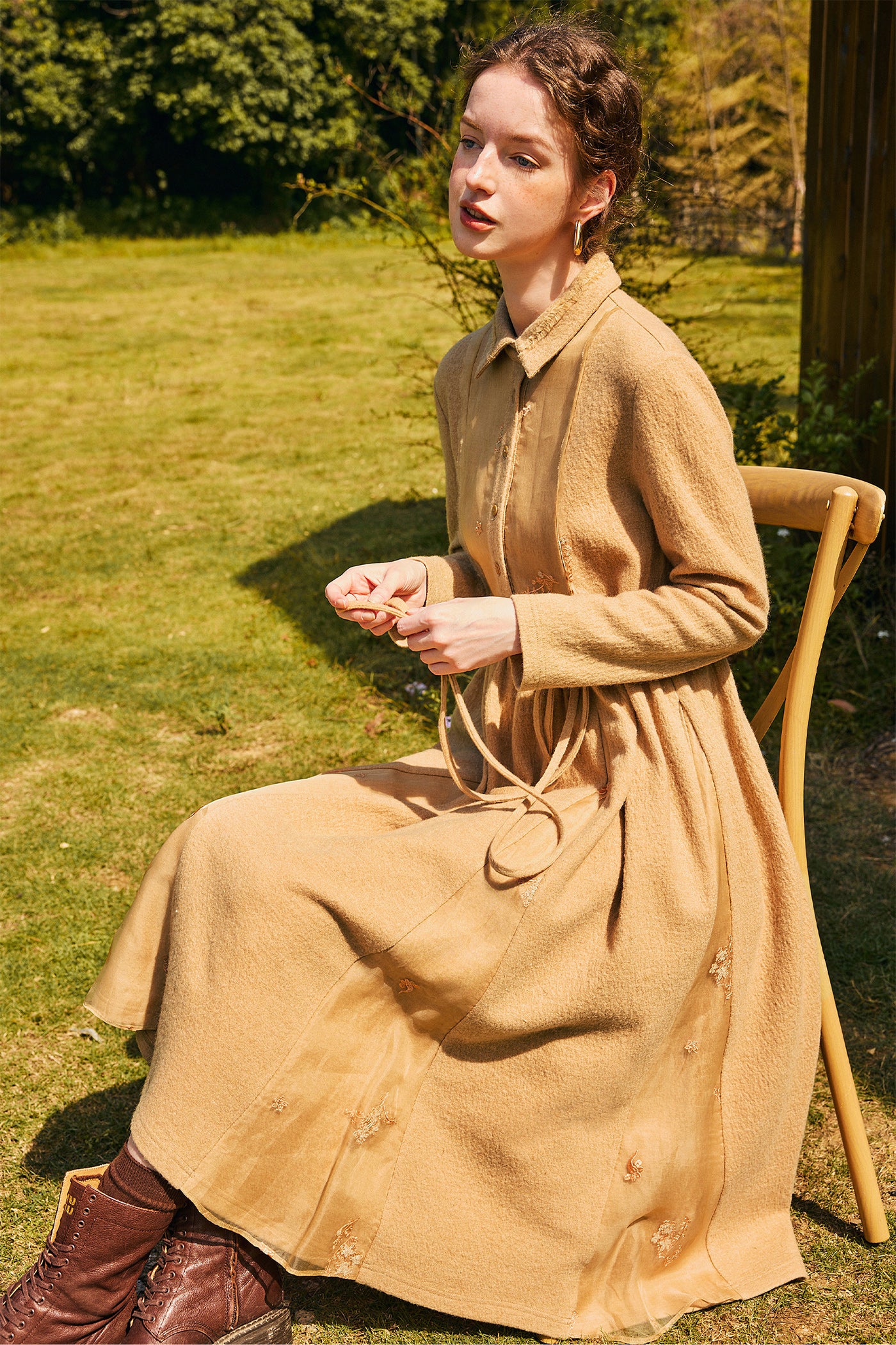 KAMILAN Women's Wool Midi Dress – 2025 Autumn New Waist-Cinched Patchwork A-Line Dress