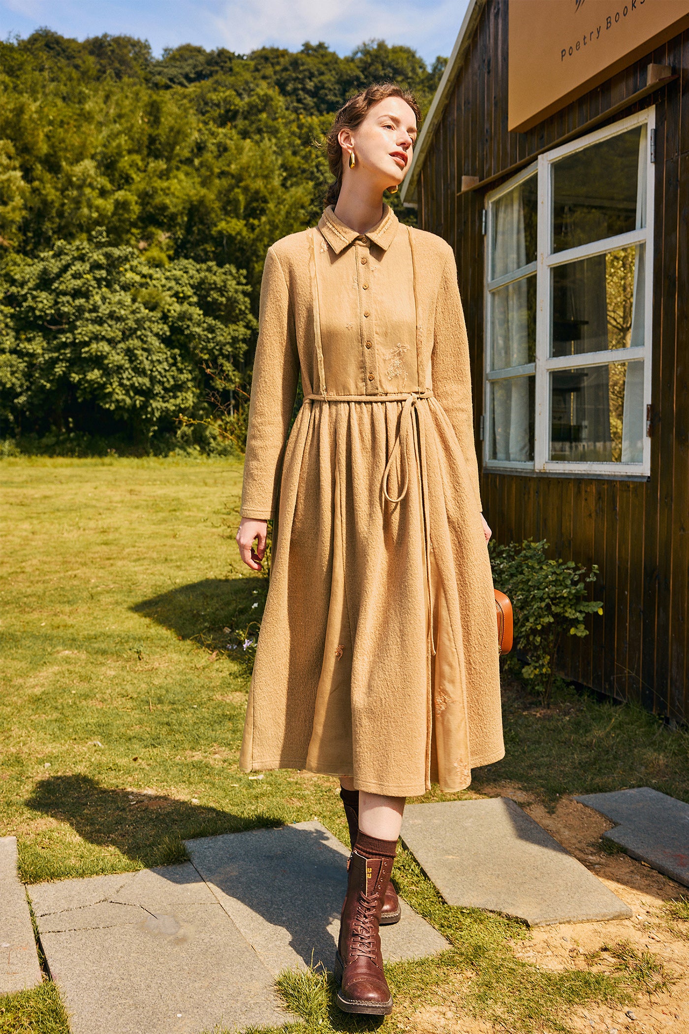 KAMILAN Women's Wool Midi Dress – 2025 Autumn New Waist-Cinched Patchwork A-Line Dress
