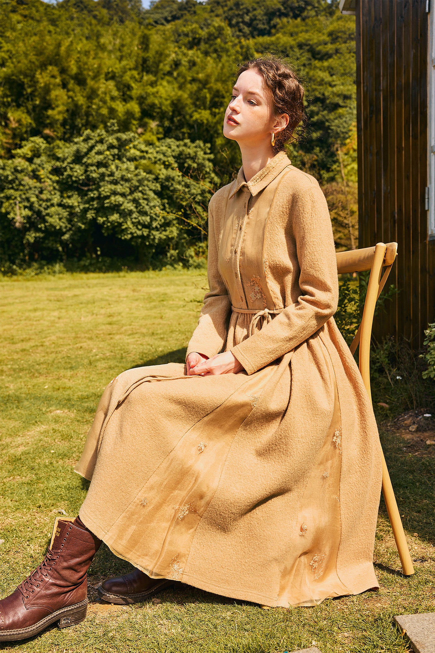 KAMILAN Women's Wool Midi Dress – 2025 Autumn New Waist-Cinched Patchwork A-Line Dress