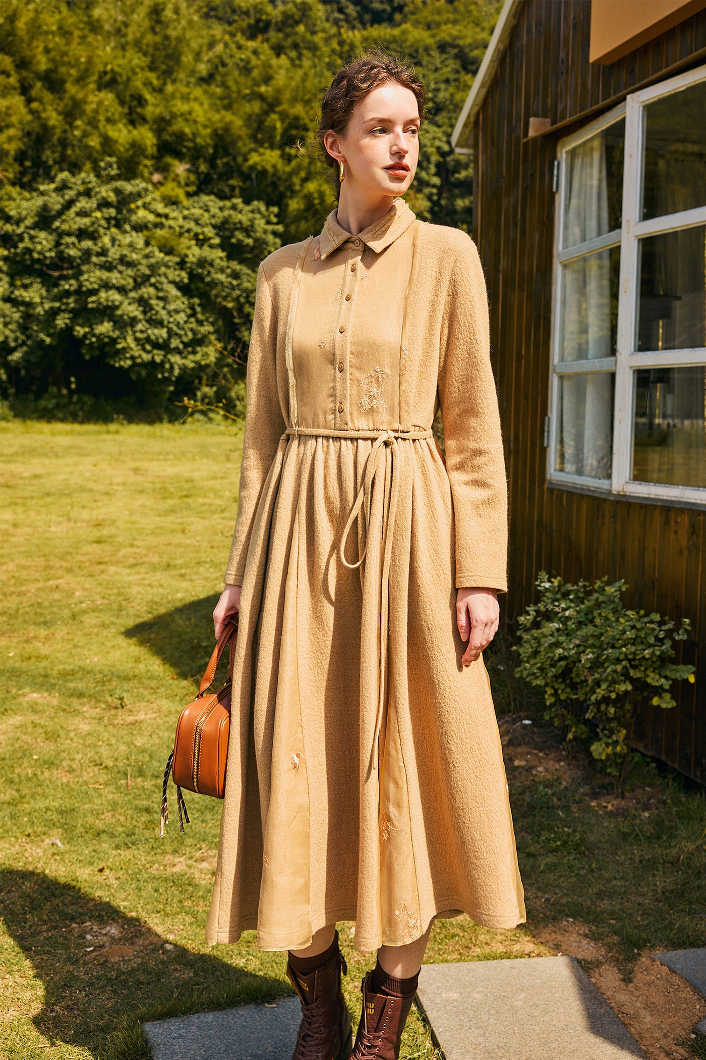KAMILAN Women's Wool Midi Dress – 2025 Autumn New Waist-Cinched Patchwork A-Line Dress