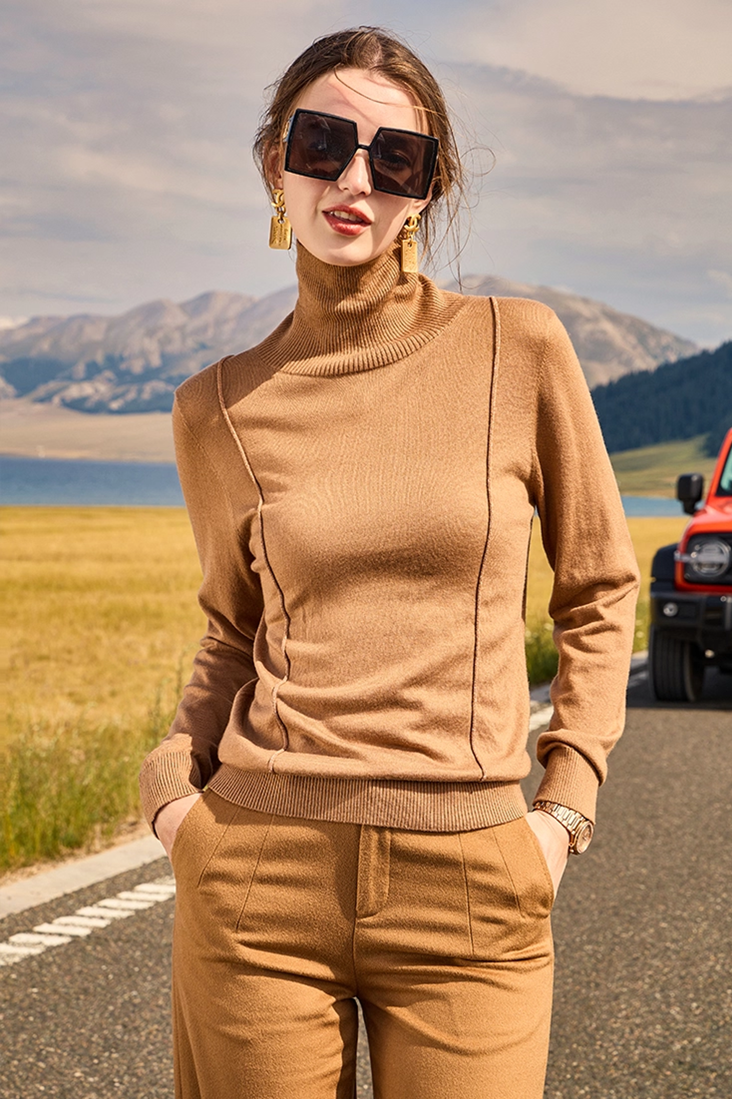 KAMILAN Short-sleeved high-neck sweater top for women in 2025 autumn-winter collection. Knitted top with long sleeves as a base layer.
