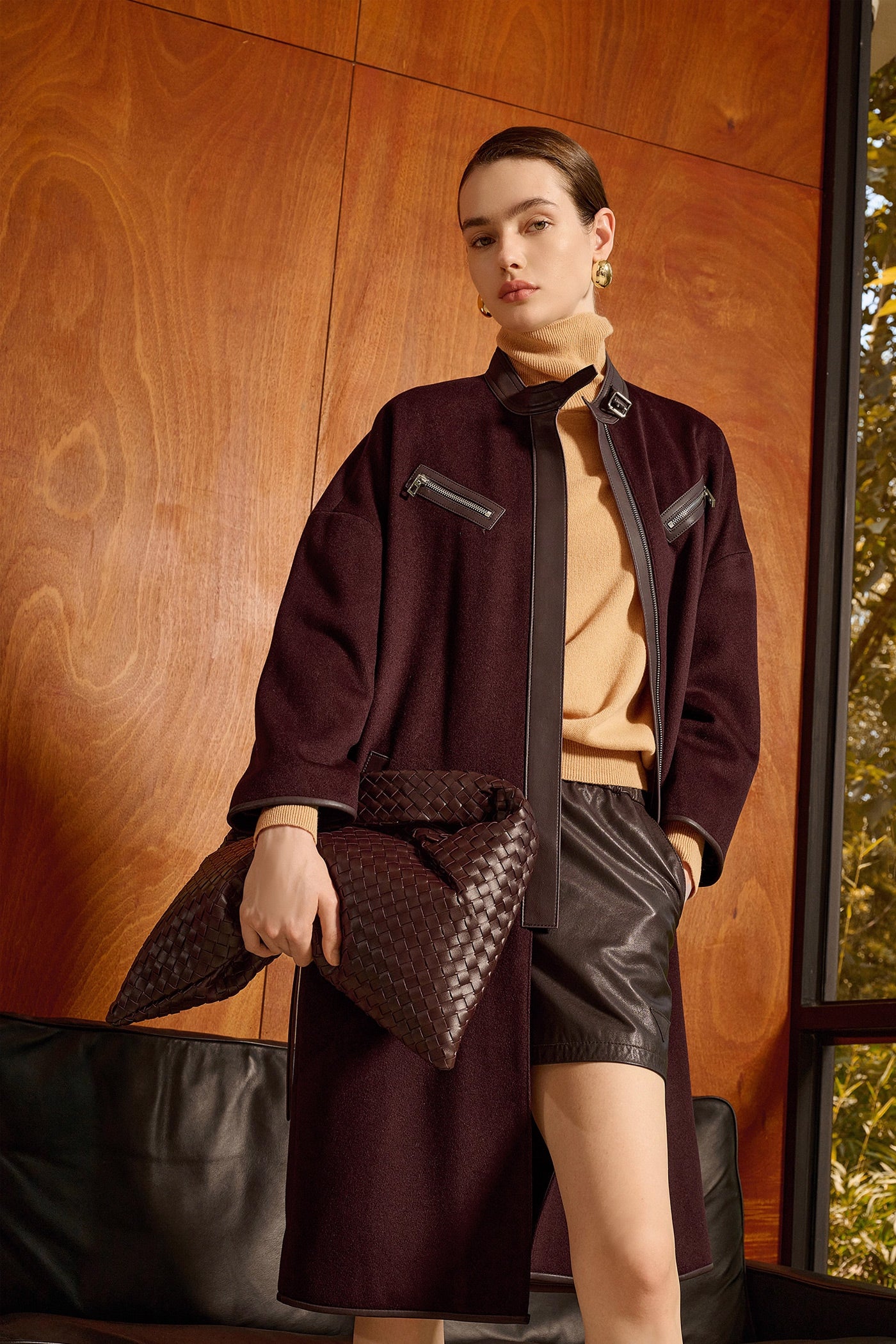 KAMILAN Women's Wool Coat – 2025 Autumn New Mid-Length Sheepskin Patchwork Wool Blend Overcoat