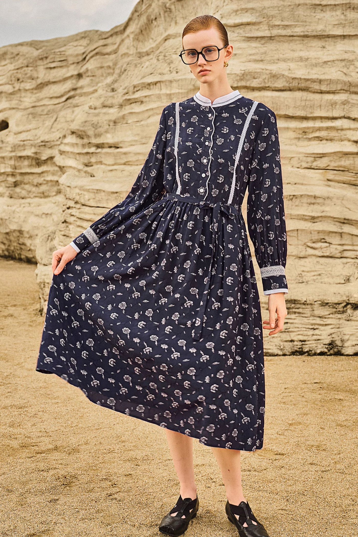 KAMILAN Women's Elegant High-Waist Midi Dress – 2025 Autumn New Stand Collar A-Line Dress