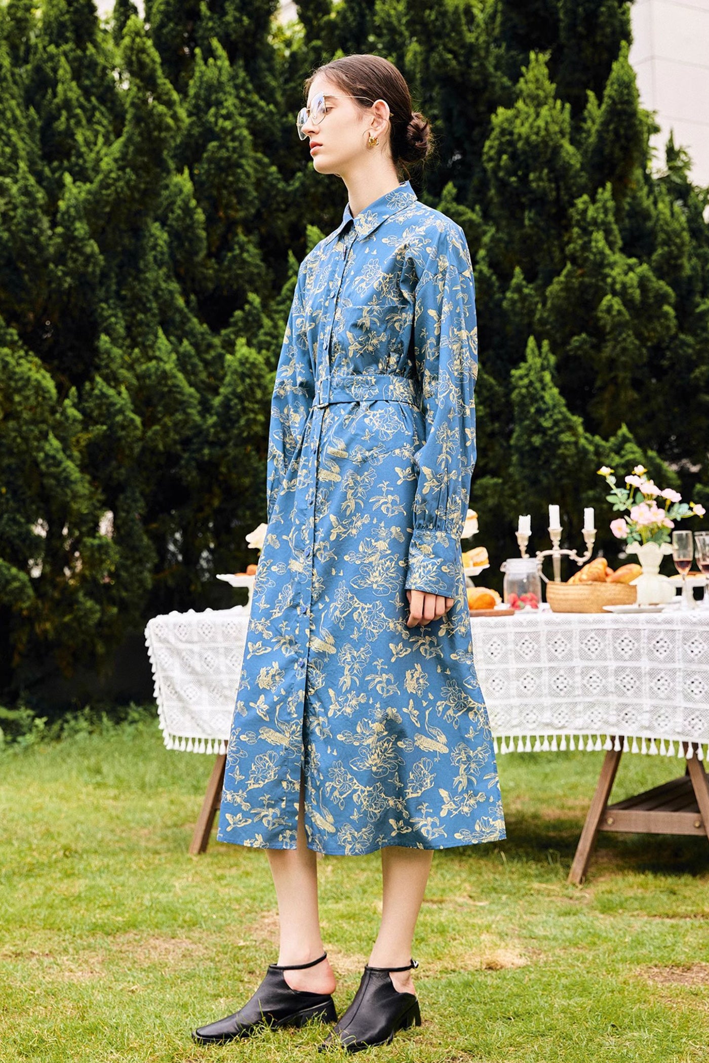 KAMILAN French Style High Waist Shirt Dress for Women – 2025 Fall Floral Print A-Line Midi Dress