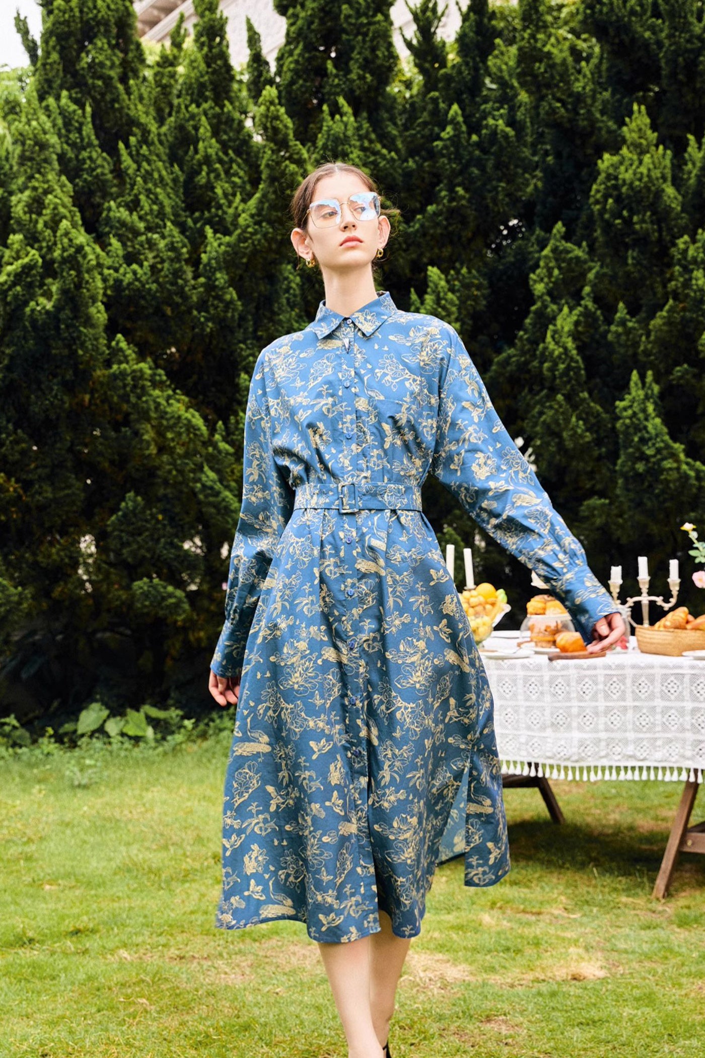 KAMILAN French Style High Waist Shirt Dress for Women – 2025 Fall Floral Print A-Line Midi Dress