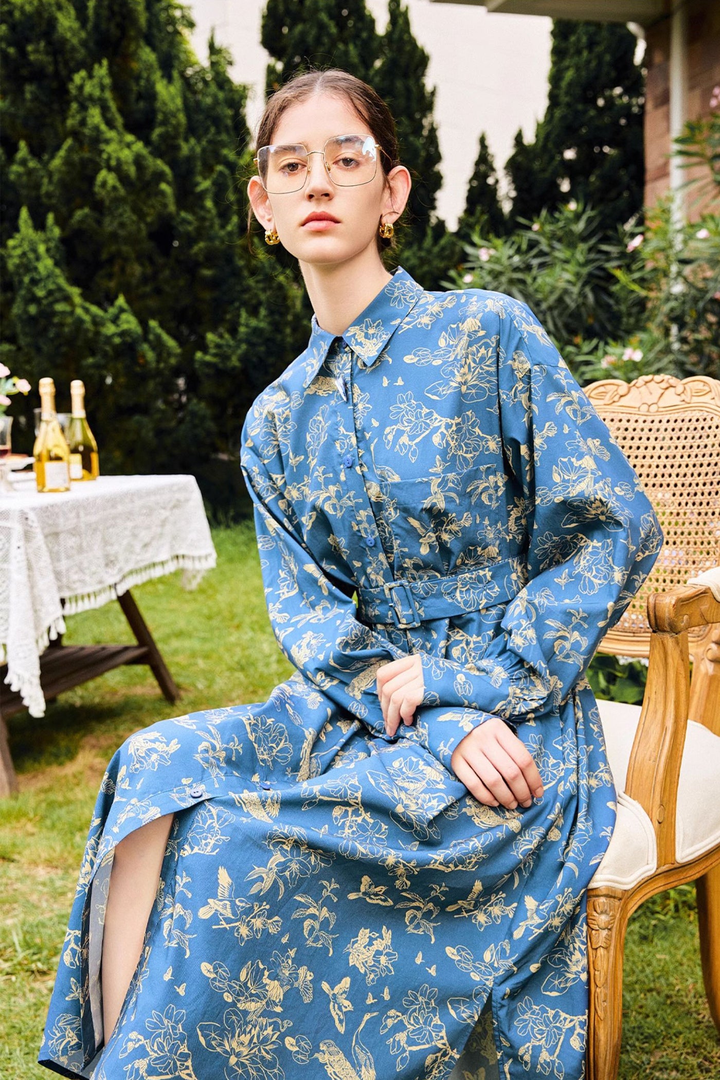 KAMILAN French Style High Waist Shirt Dress for Women – 2025 Fall Floral Print A-Line Midi Dress