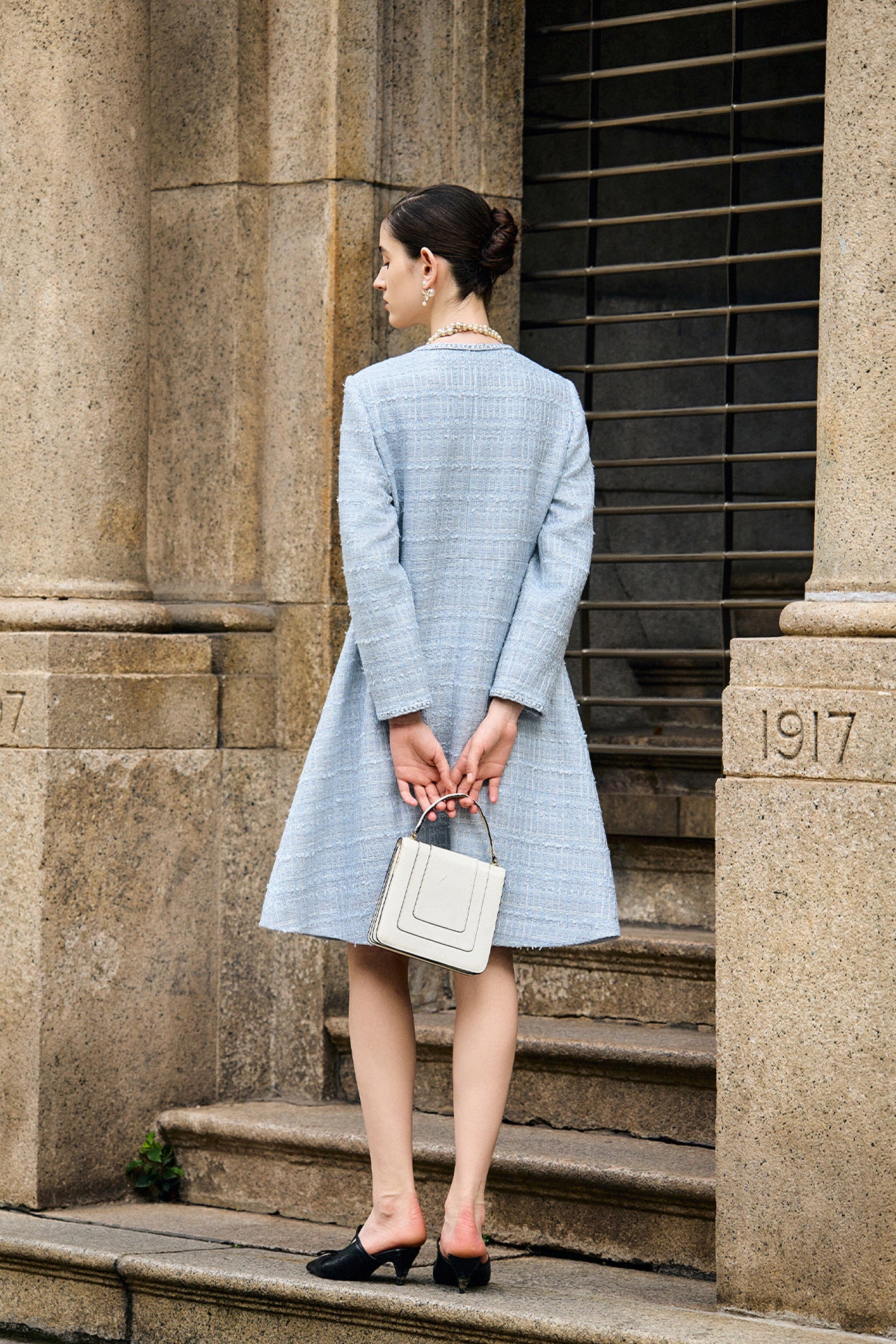 KAMILAN Women's Tweed Midi Dress – 2025 Autumn New French Chic High-Waist Slim A-Line Dress
