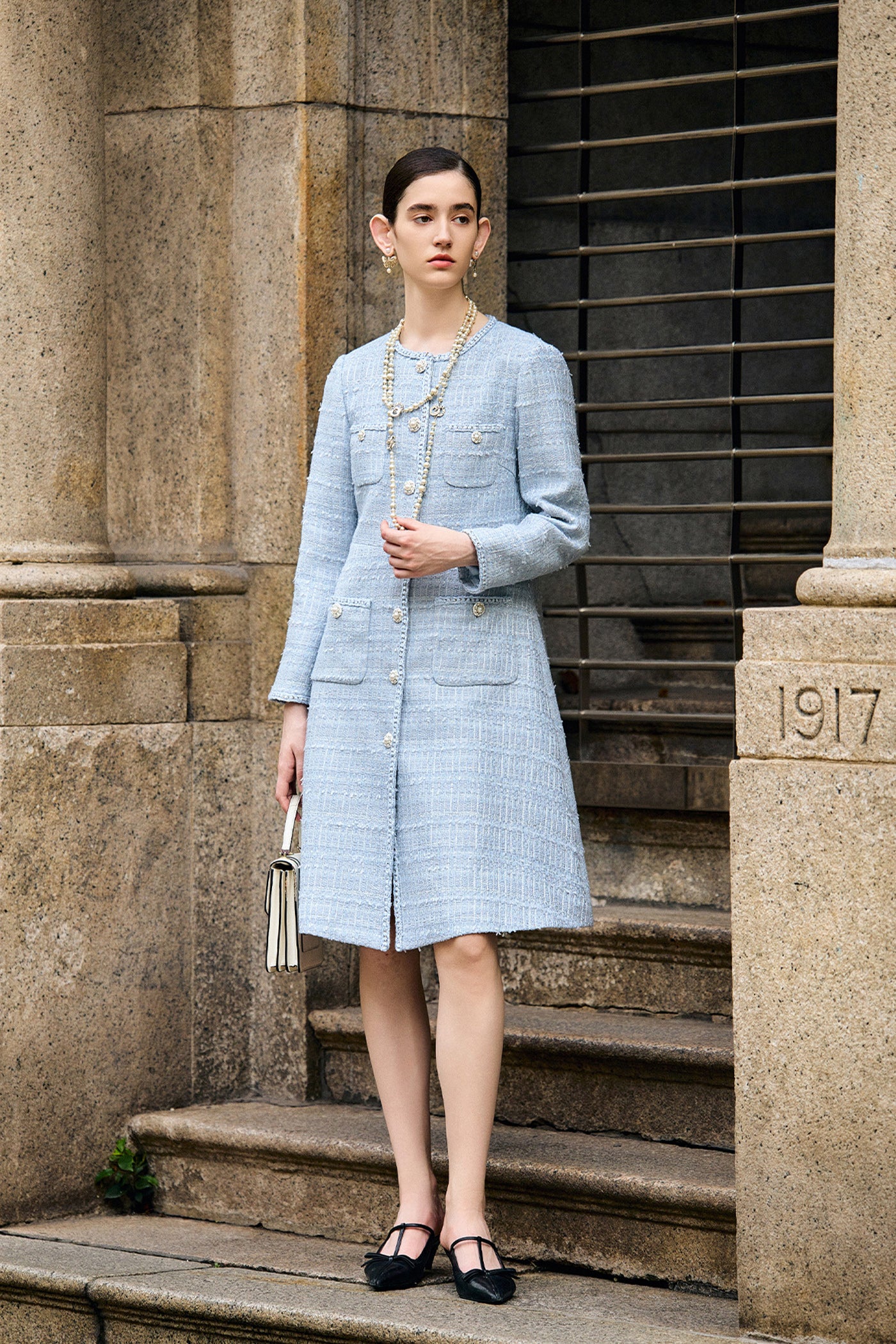 KAMILAN Women's Tweed Midi Dress – 2025 Autumn New French Chic High-Waist Slim A-Line Dress