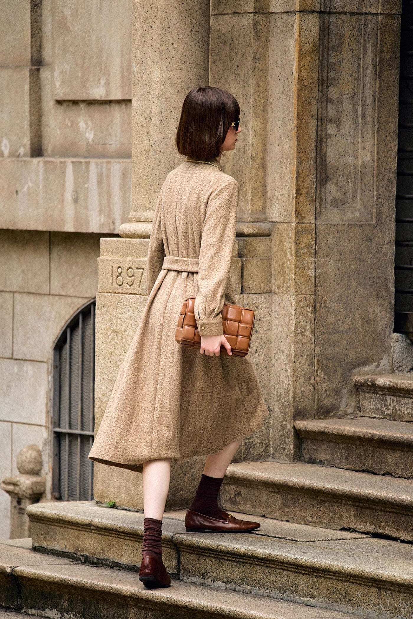 KAMILAN Women's French-Style Shirt Dress – 2025 Autumn New High-Waist Belted Midi Dress