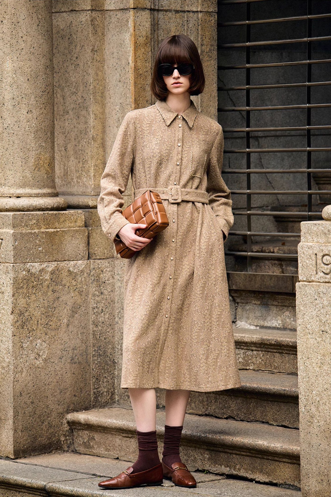 KAMILAN Women's French-Style Shirt Dress – 2025 Autumn New High-Waist Belted Midi Dress