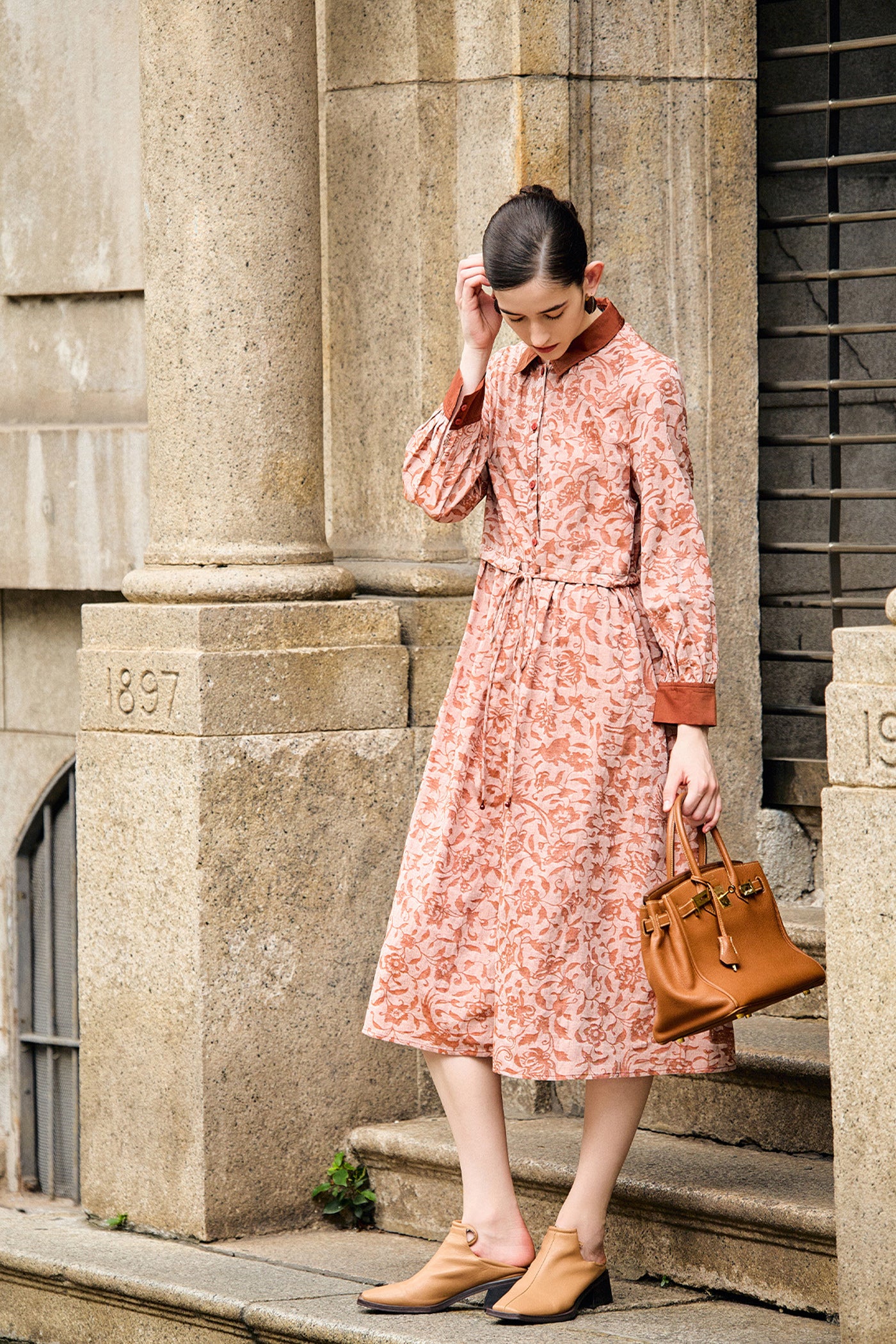KAMILAN French Vintage-Inspired Elegant Printed Shirt Dress for Women – 2025 Spring & Autumn Collection, Mid-Length