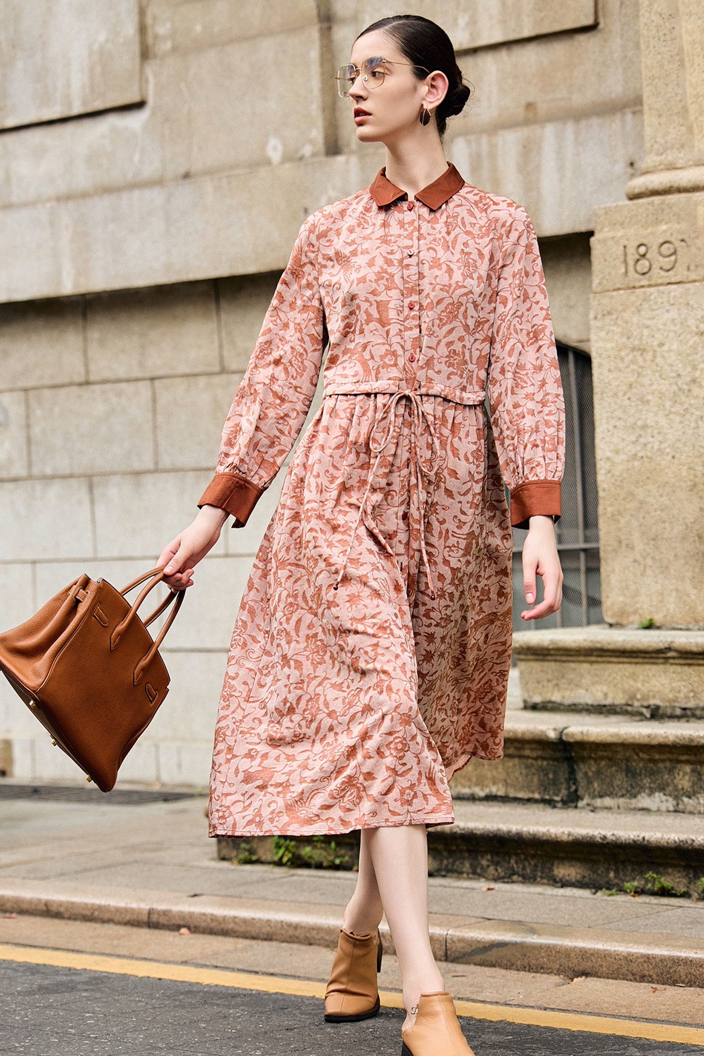 KAMILAN French Vintage-Inspired Elegant Printed Shirt Dress for Women – 2025 Spring & Autumn Collection, Mid-Length