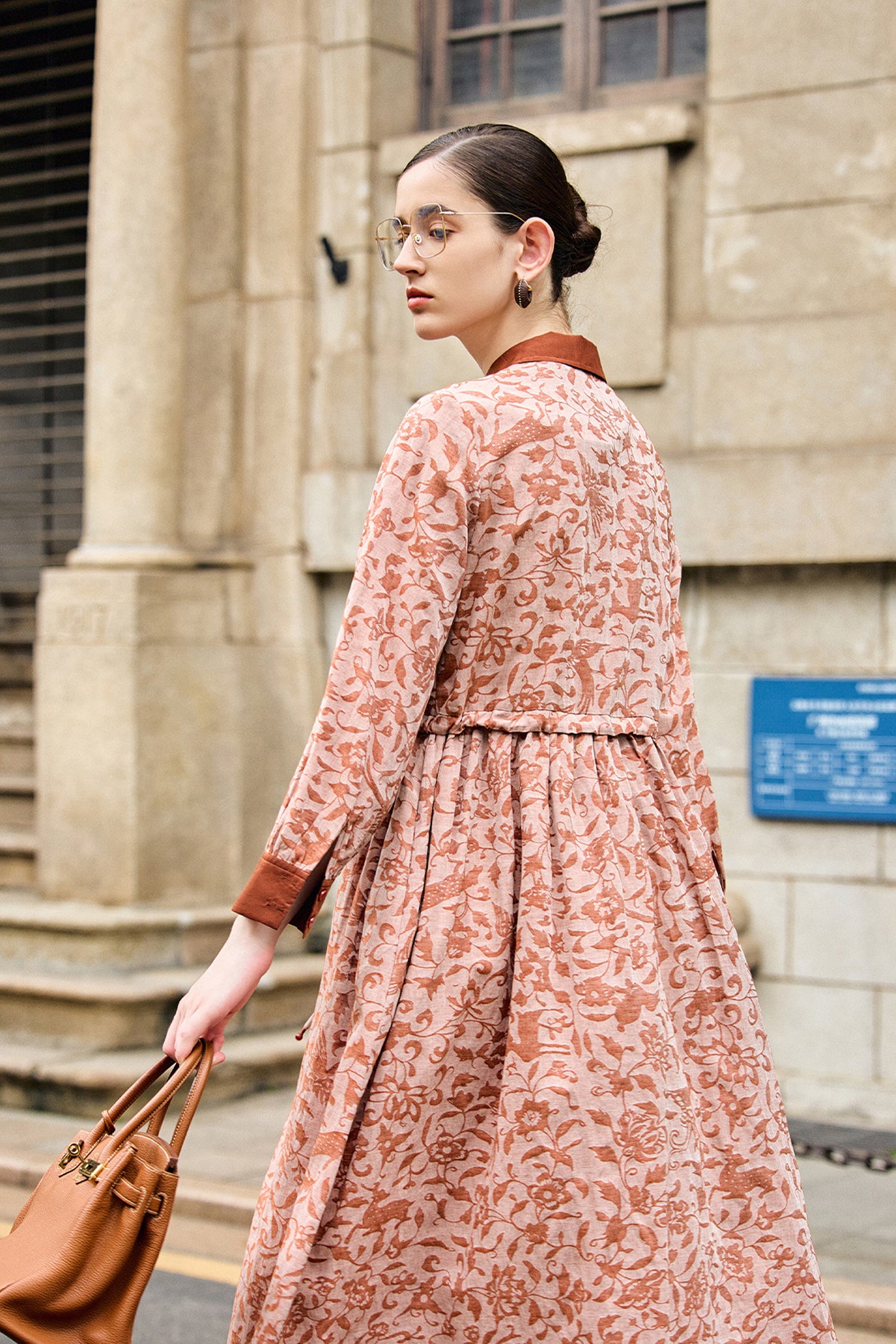 KAMILAN French Vintage-Inspired Elegant Printed Shirt Dress for Women – 2025 Spring & Autumn Collection, Mid-Length