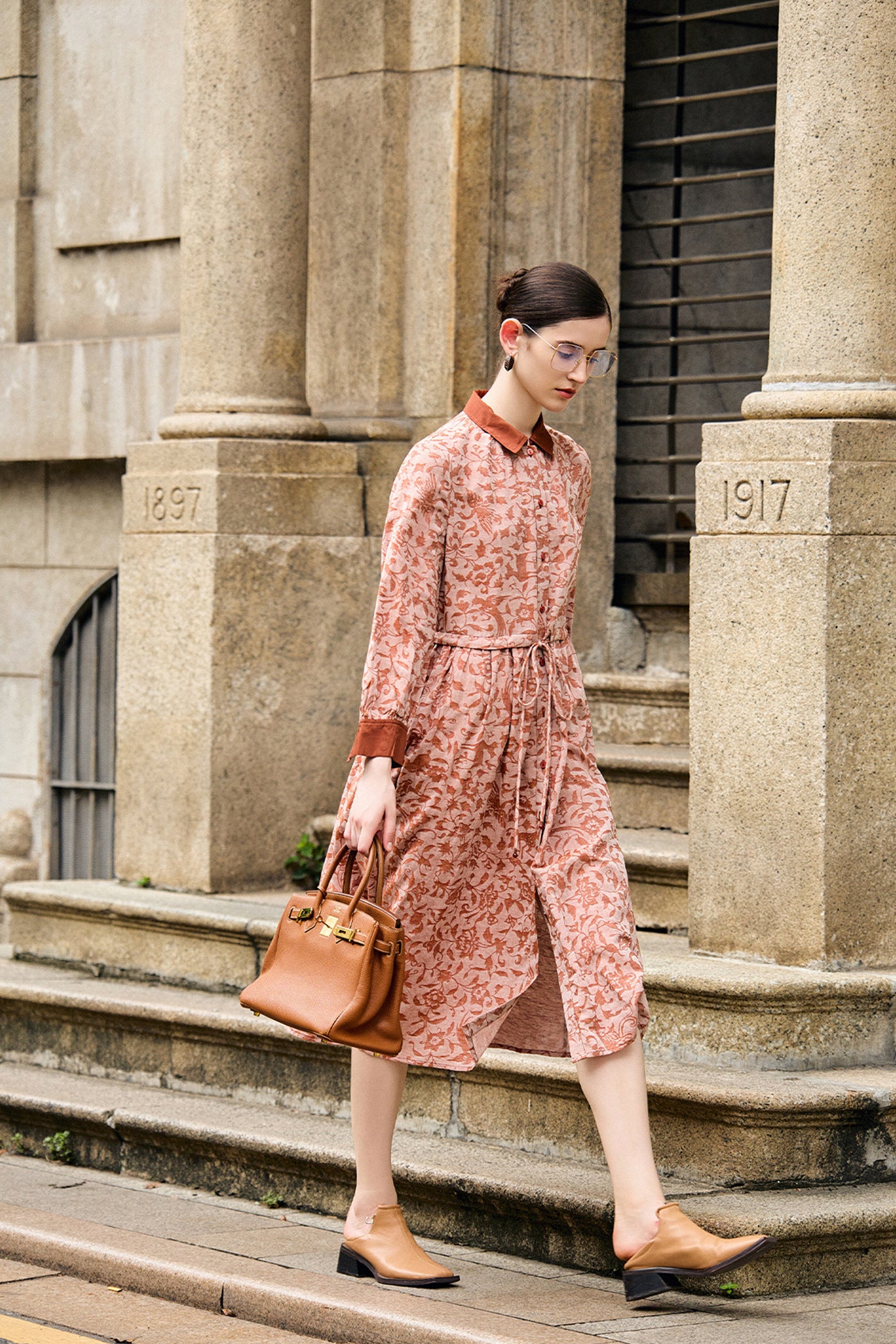 KAMILAN French Vintage-Inspired Elegant Printed Shirt Dress for Women – 2025 Spring & Autumn Collection, Mid-Length