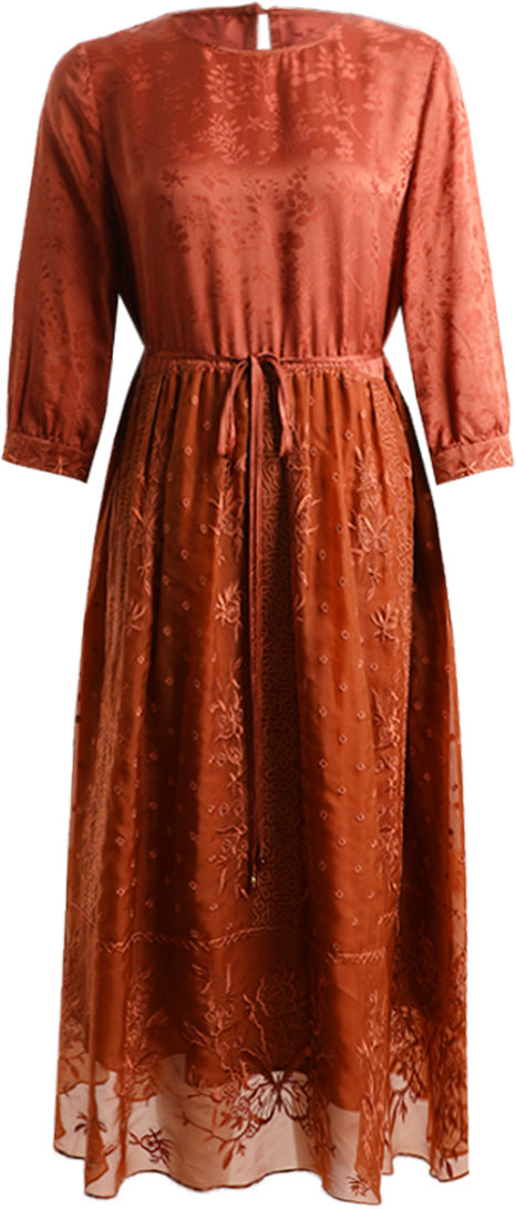 KAMILAN Luxe Embroidered Midi Dress – 2025 Fall New Arrival with 3/4 Sleeves