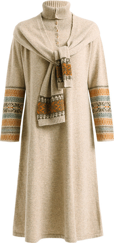 KAMILAN wool knitted dress for women, autumn and winter 2025 new mid to long style, high neck sweater base skirt, A-line skirt