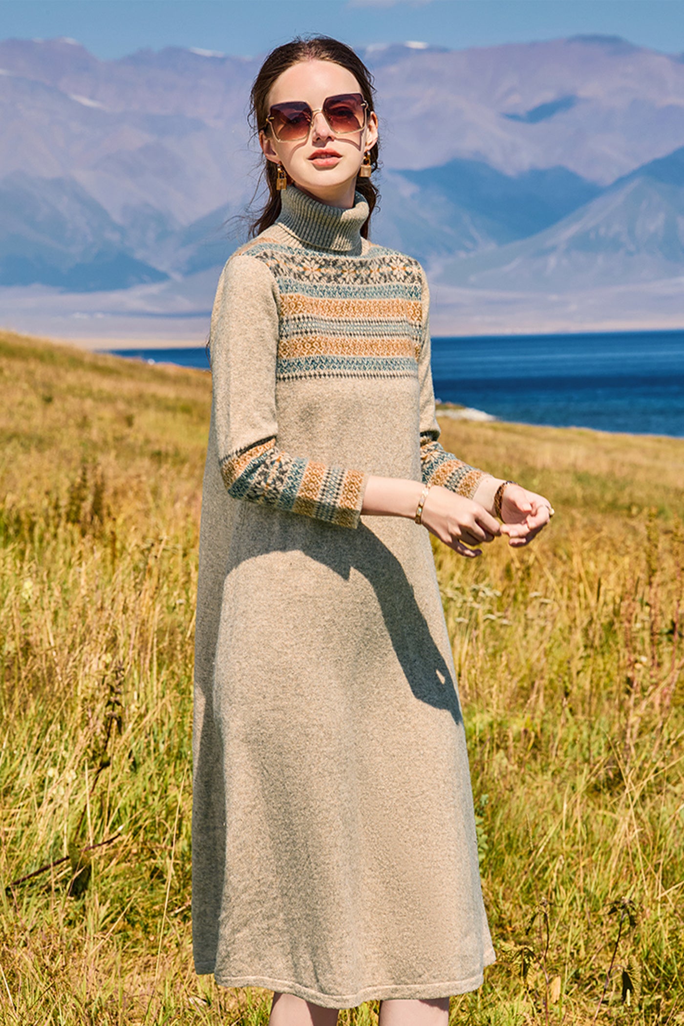 KAMILAN wool knitted dress for women, autumn and winter 2025 new mid to long style, high neck sweater base skirt, A-line skirt