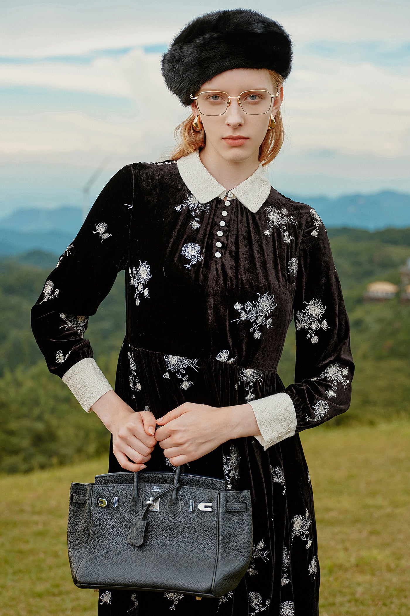 KAMILAN French-Style Embroidered Midi Dress – 2025 Fall/Winter New Contrast Collar A-Line Dress for Women