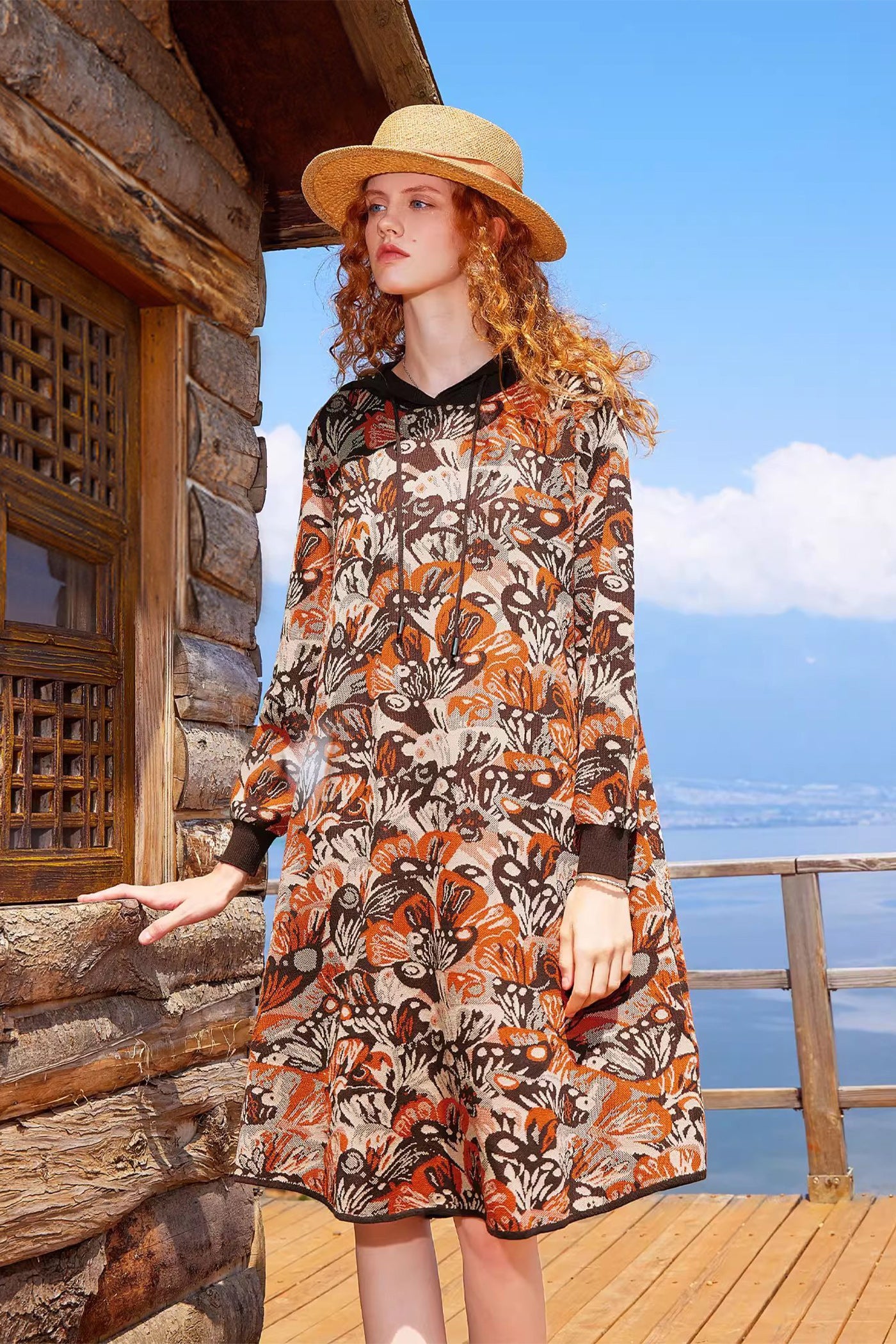 KAMILAN Women's Printed Knit Hoodie Dress – 2025 Autumn New Long-Sleeve Casual Midi Sweater Dress