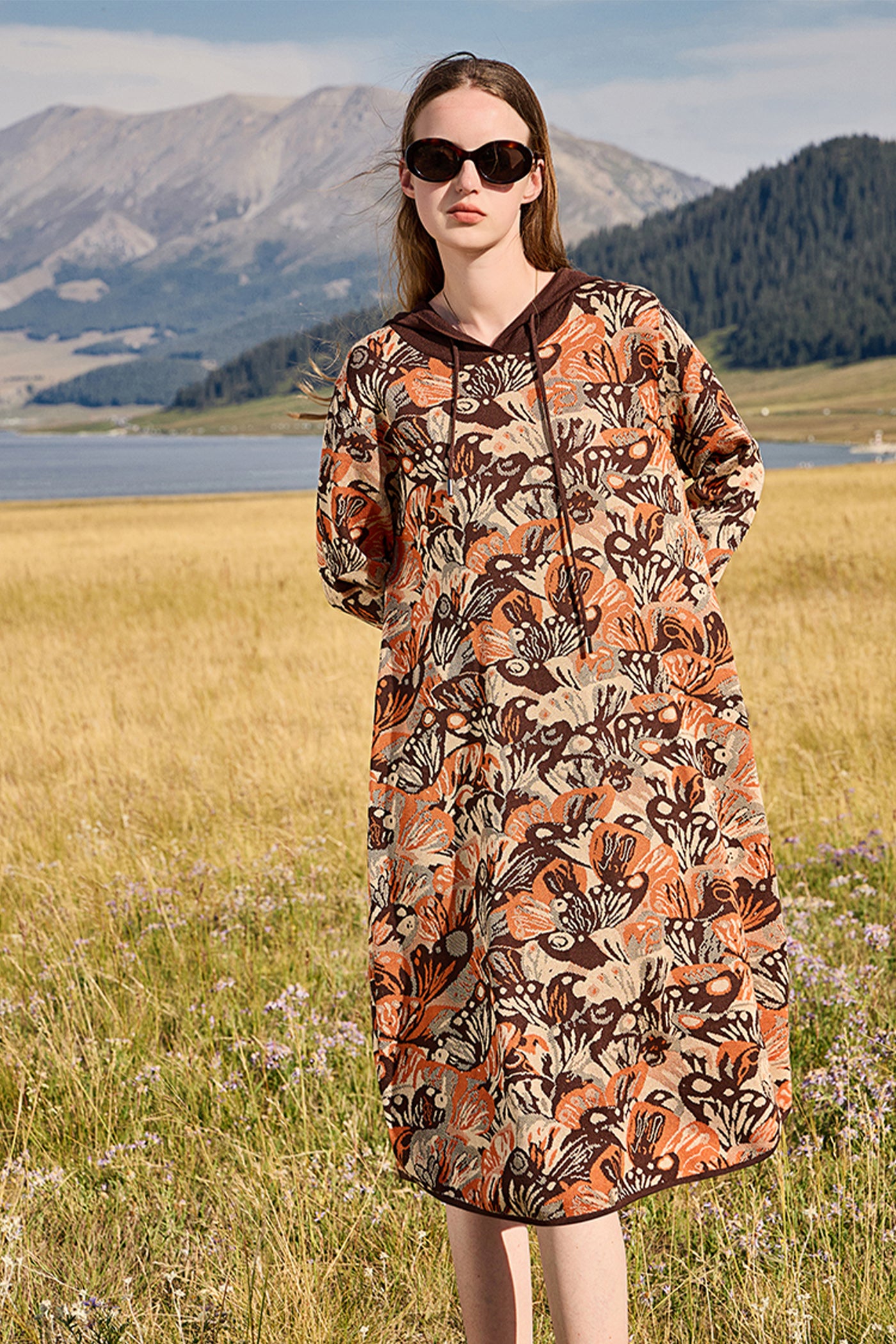 KAMILAN Women's Printed Knit Hoodie Dress – 2025 Autumn New Long-Sleeve Casual Midi Sweater Dress