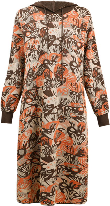 KAMILAN Women's Printed Knit Hoodie Dress – 2025 Autumn New Long-Sleeve Casual Midi Sweater Dress