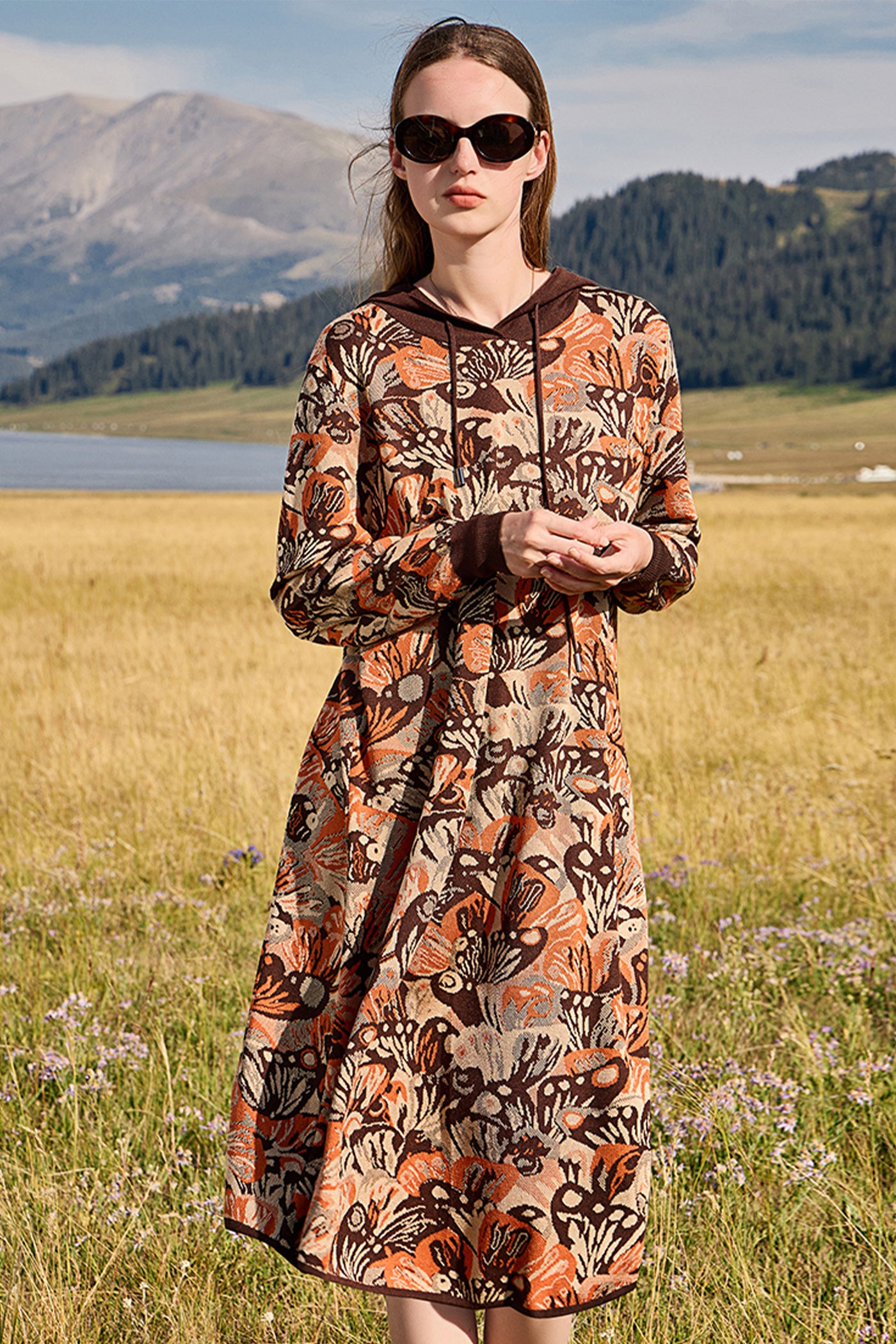 KAMILAN Women's Printed Knit Hoodie Dress – 2025 Autumn New Long-Sleeve Casual Midi Sweater Dress