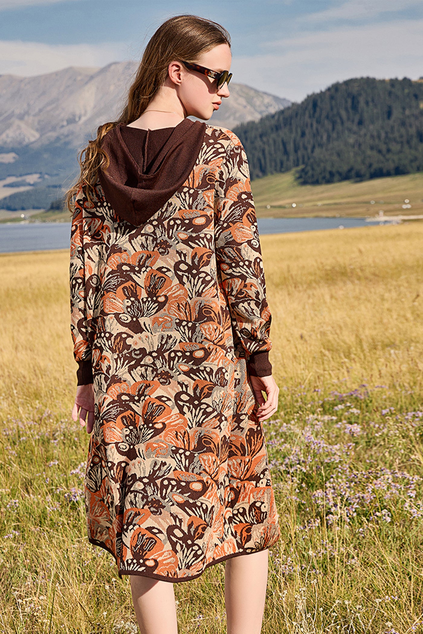 KAMILAN Women's Printed Knit Hoodie Dress – 2025 Autumn New Long-Sleeve Casual Midi Sweater Dress