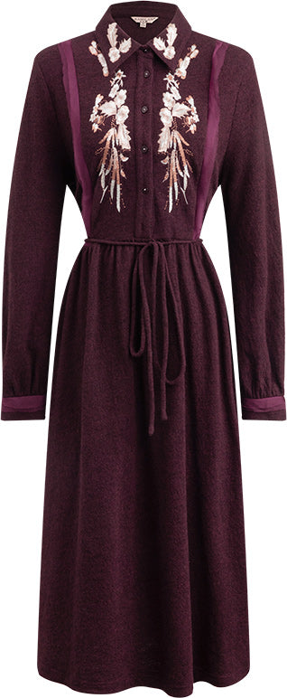 KAMILAN Wool Embroidered Midi Dress for Women – 2025 Fall New A-Line Dress with Stitch Detail
