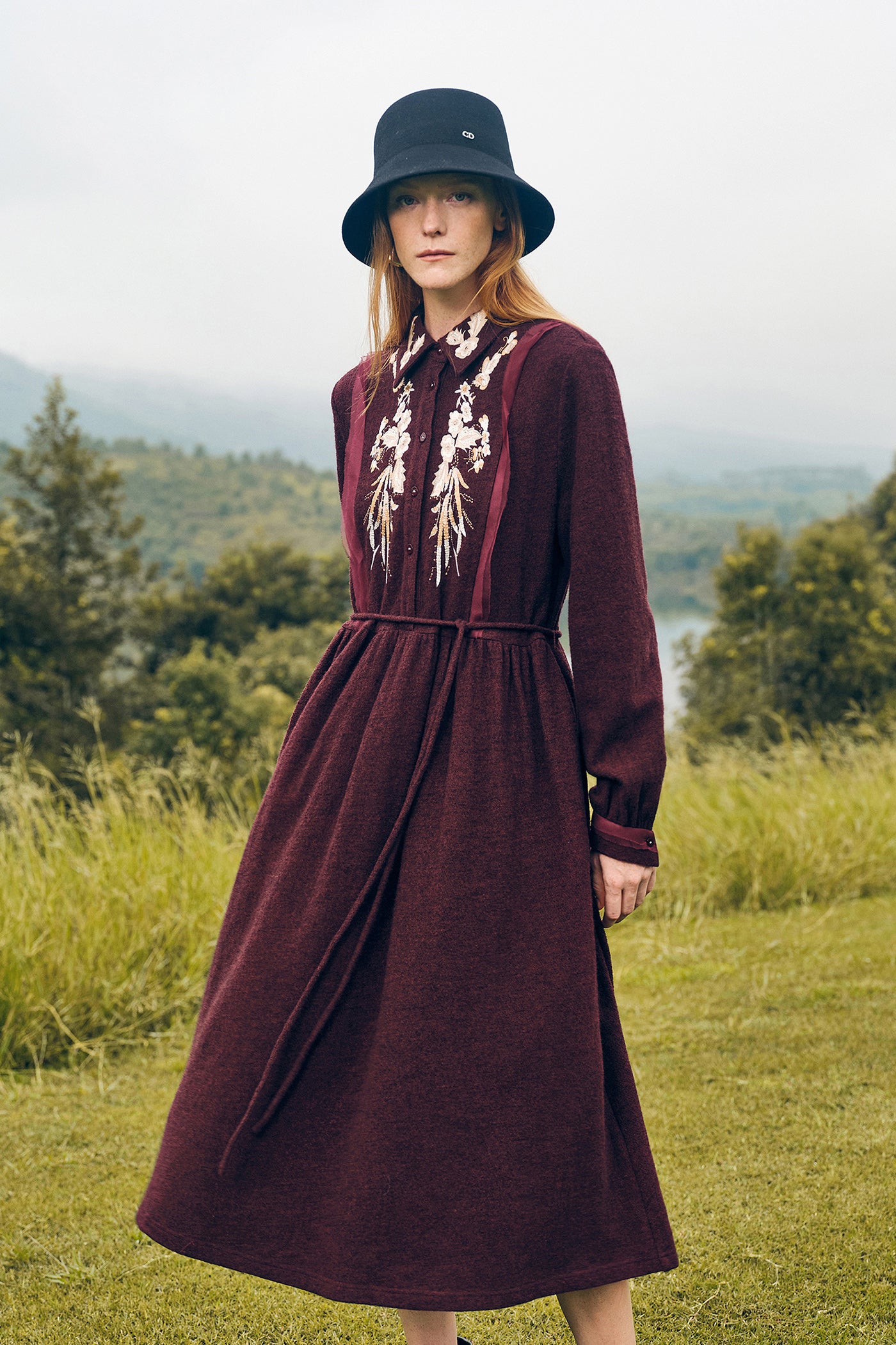 KAMILAN Wool Embroidered Midi Dress for Women – 2025 Fall New A-Line Dress with Stitch Detail
