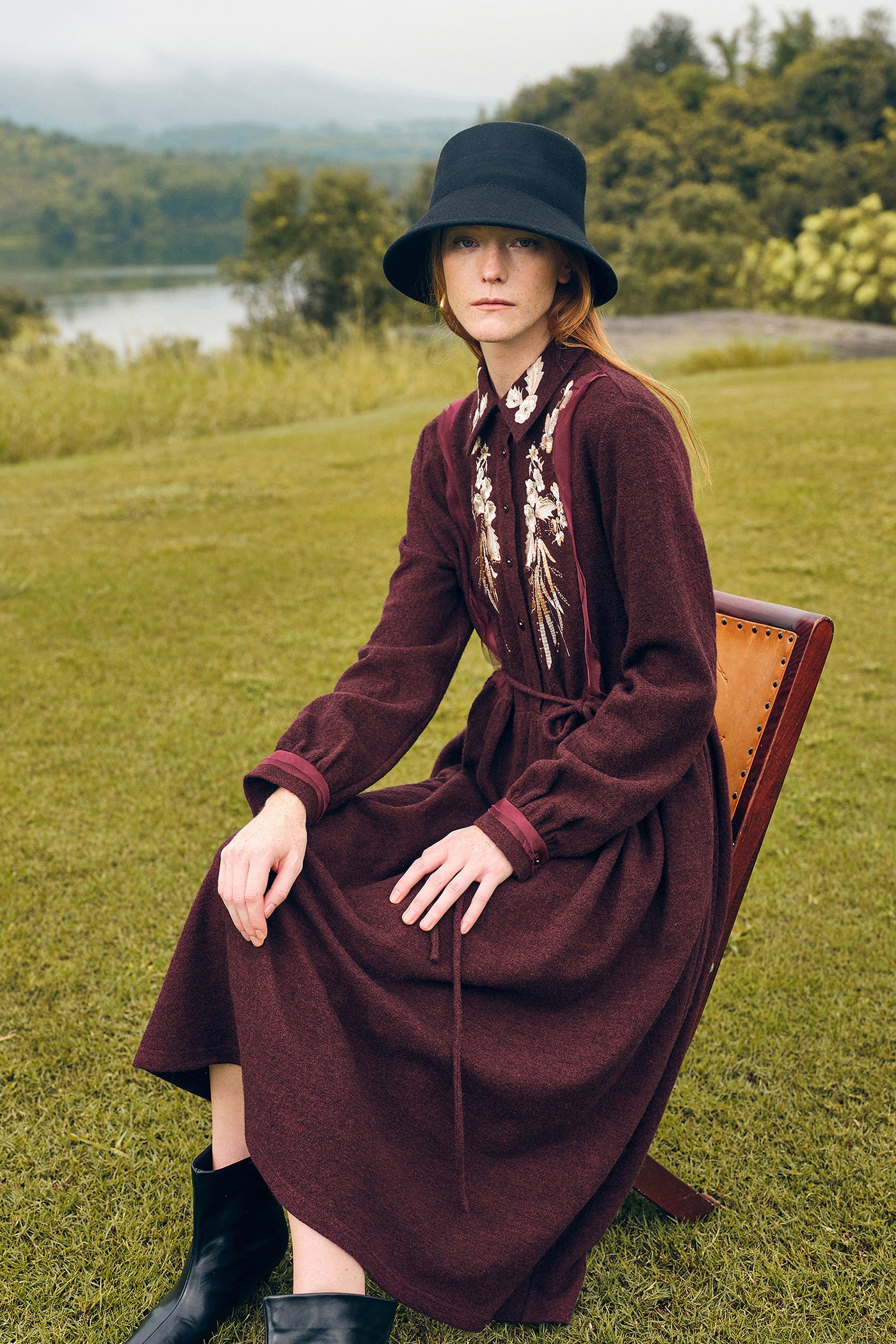 KAMILAN Wool Embroidered Midi Dress for Women – 2025 Fall New A-Line Dress with Stitch Detail