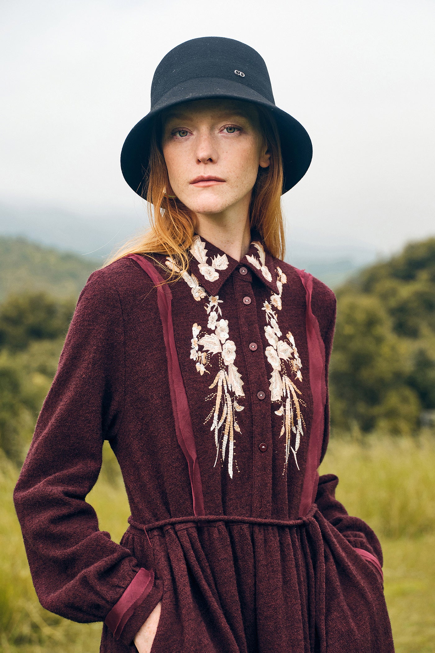 KAMILAN Wool Embroidered Midi Dress for Women – 2025 Fall New A-Line Dress with Stitch Detail
