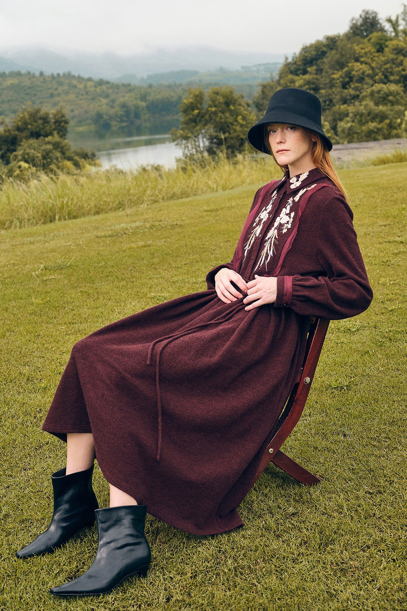 KAMILAN Wool Embroidered Midi Dress for Women – 2025 Fall New A-Line Dress with Stitch Detail
