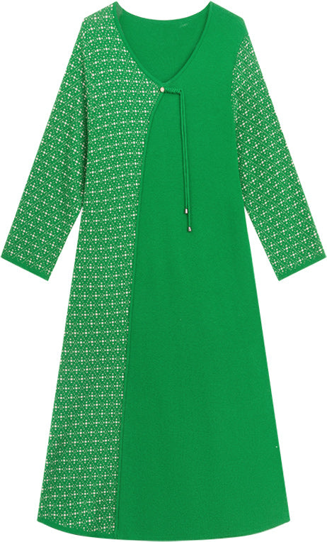 KAMILAN Retro Knit Midi Dress – 2025 Autumn New Patchwork A-Line Sweater Dress