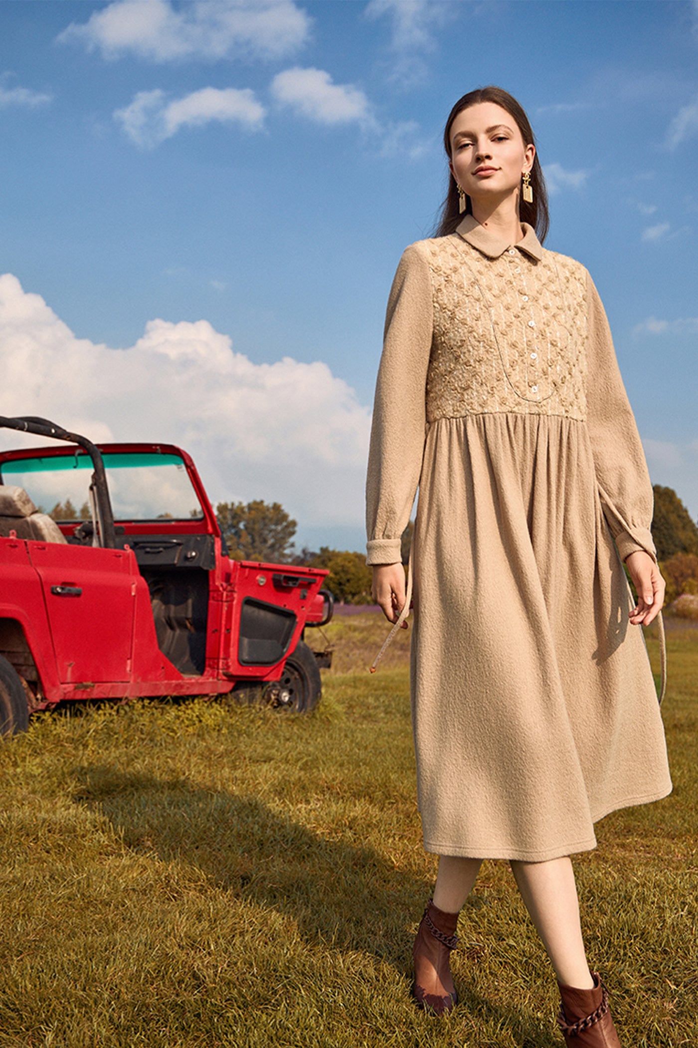 KAMILAN Elegant Embroidered Wool Dress for Women – 2025 Fall/Winter New Collection, Mid-Length A-Line Belted Dress