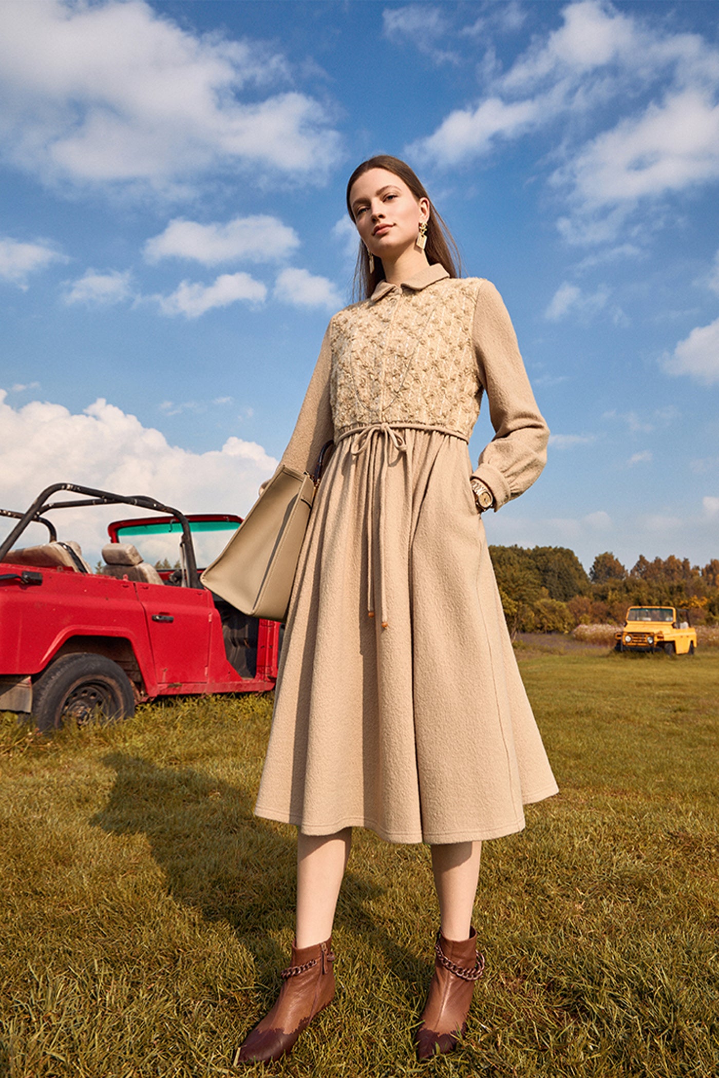 KAMILAN Elegant Embroidered Wool Dress for Women – 2025 Fall/Winter New Collection, Mid-Length A-Line Belted Dress