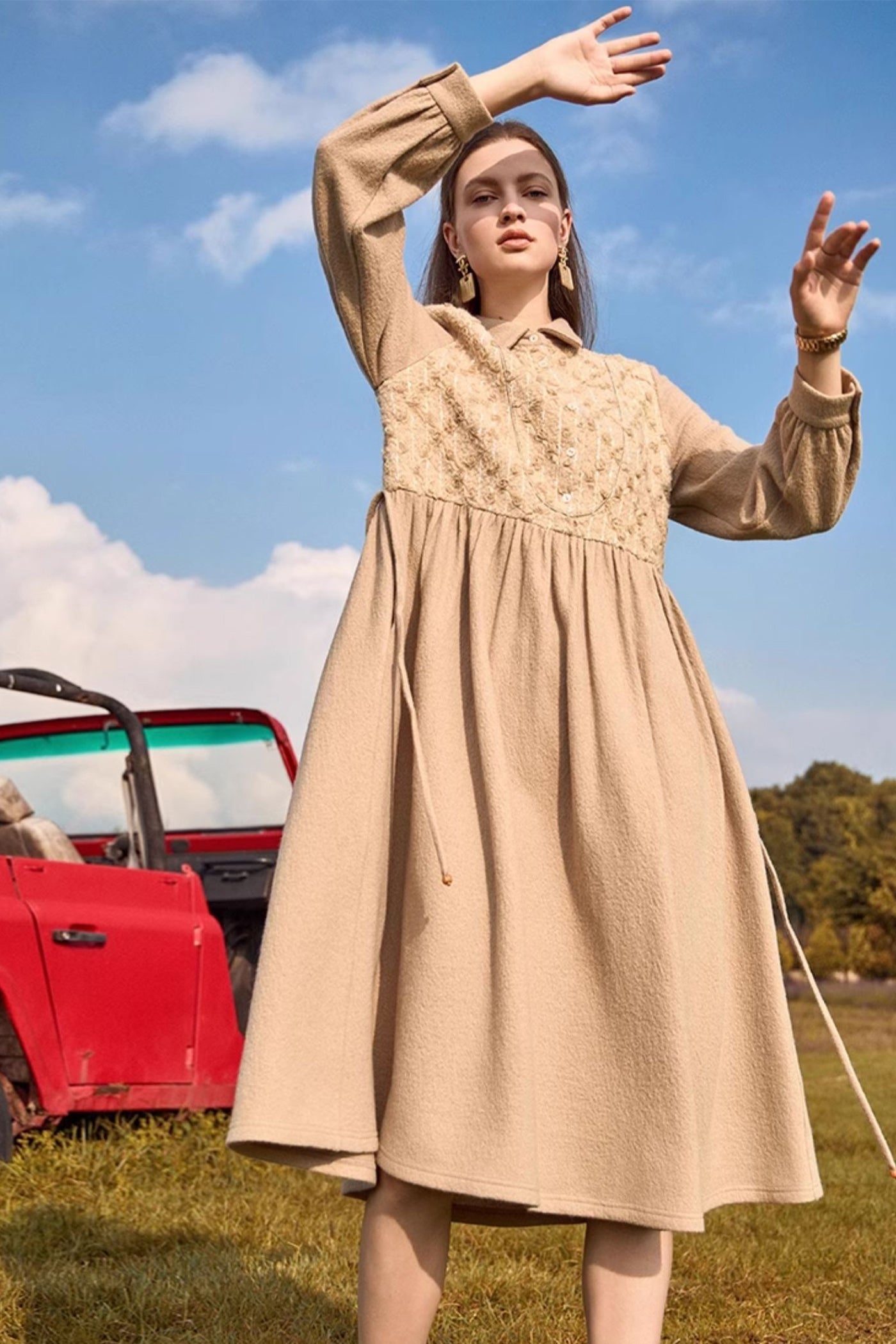 KAMILAN Elegant Embroidered Wool Dress for Women – 2025 Fall/Winter New Collection, Mid-Length A-Line Belted Dress