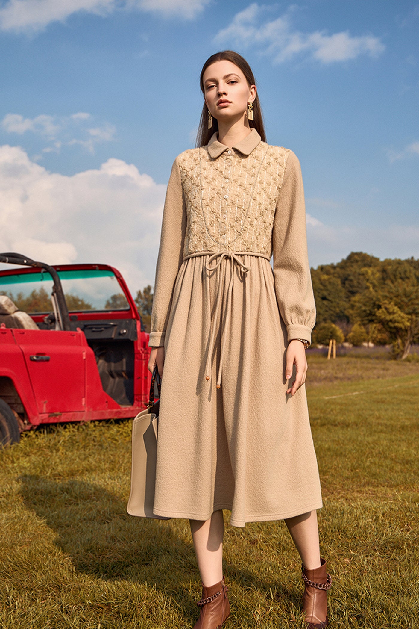 KAMILAN Elegant Embroidered Wool Dress for Women – 2025 Fall/Winter New Collection, Mid-Length A-Line Belted Dress