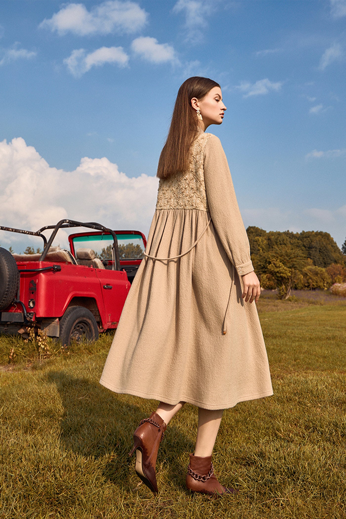 KAMILAN Elegant Embroidered Wool Dress for Women – 2025 Fall/Winter New Collection, Mid-Length A-Line Belted Dress