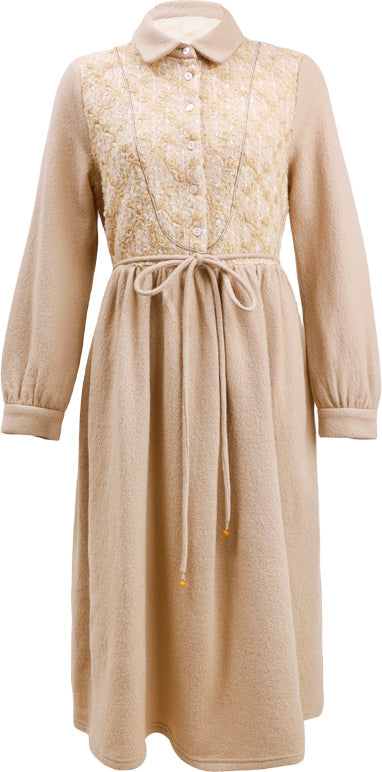 KAMILAN Elegant Embroidered Wool Dress for Women – 2025 Fall/Winter New Collection, Mid-Length A-Line Belted Dress
