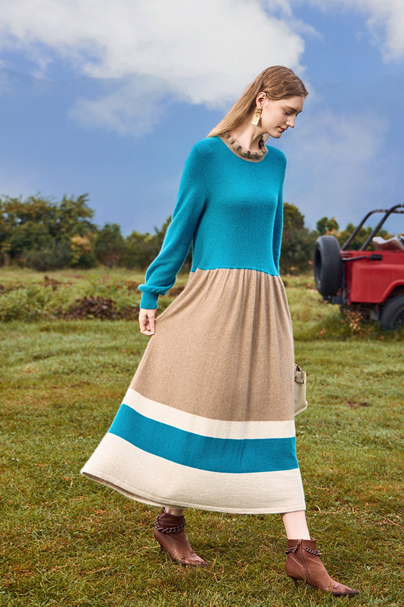 KAMILAN French Chic Knit-Panel Midi Dress – 2025 Autumn New Long-Sleeve Slim-Fit Sweater Dress